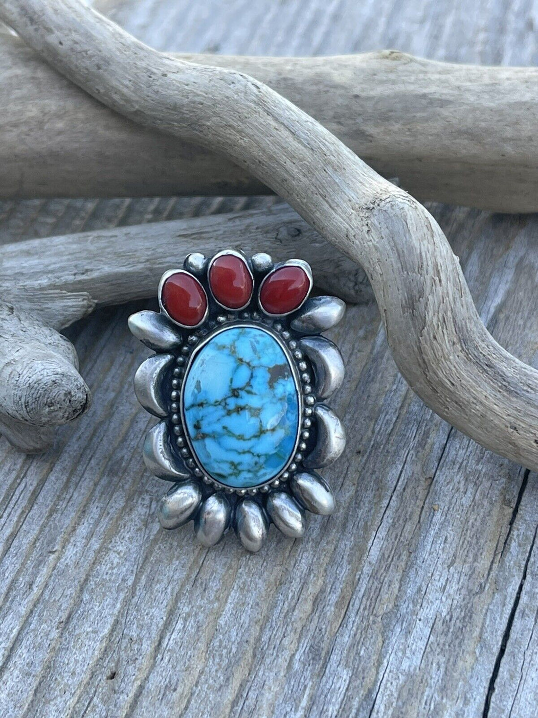 Navajo Sterling Kingman Web Turquoise & Red Coral Taos Collection Ring by Danny Clark, Sz 6.5