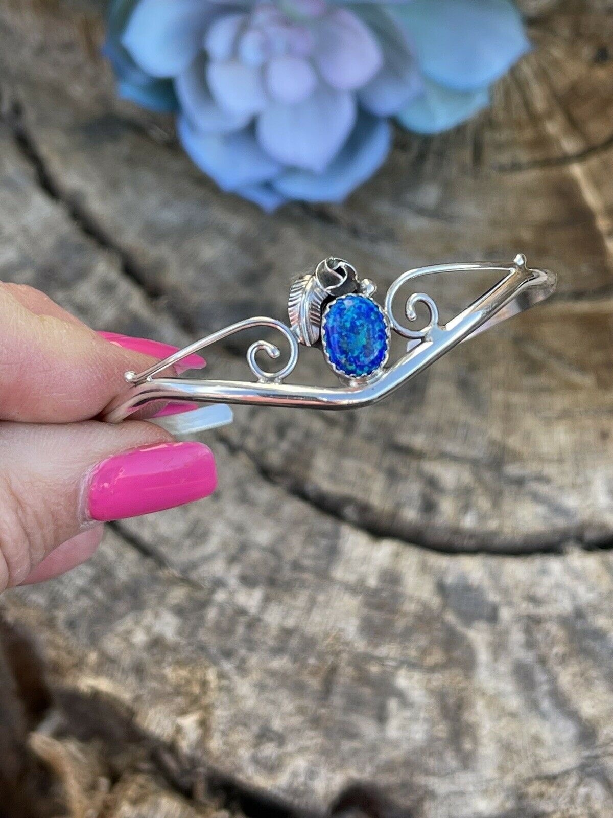 Navajo Sterling Silver Bright Blue Opal Bracelet