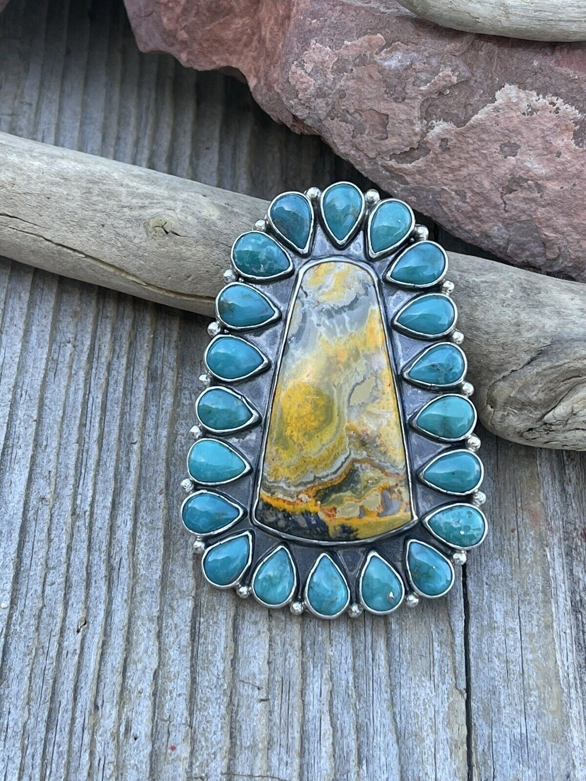 Navajo Sterling Bumblebee and Turquoise Stone Ring Sz 8