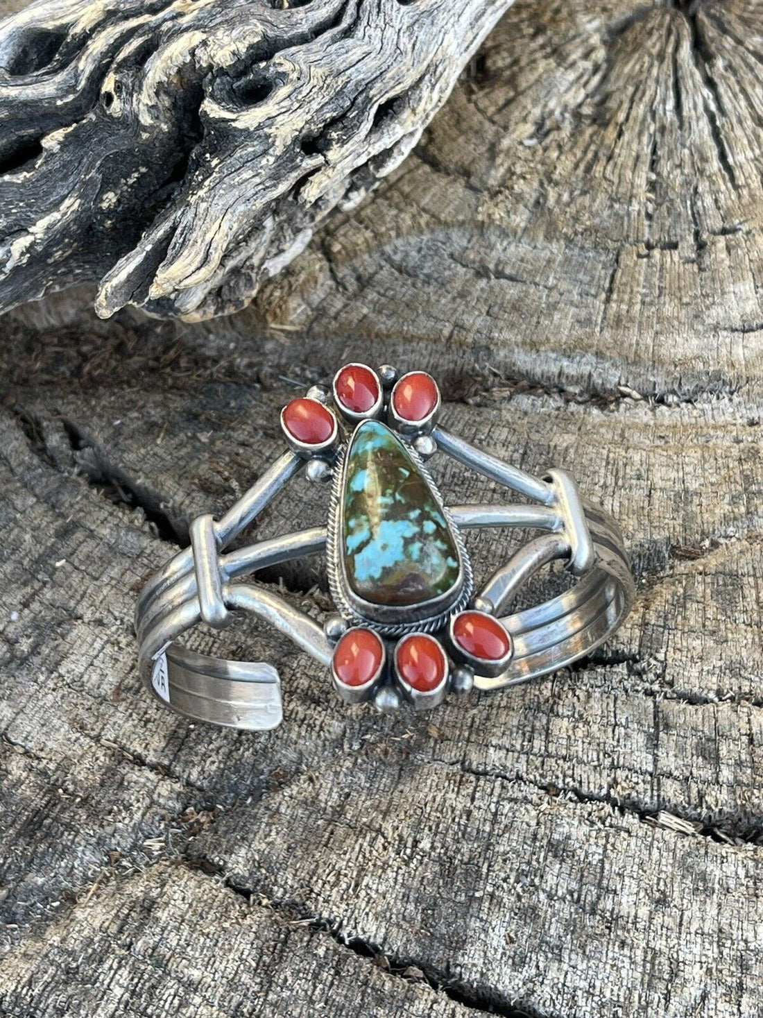 Navajo Sterling Kingman Web Turquoise & Red Coral Taos Bracelet Cuff by Bobby Johnson /