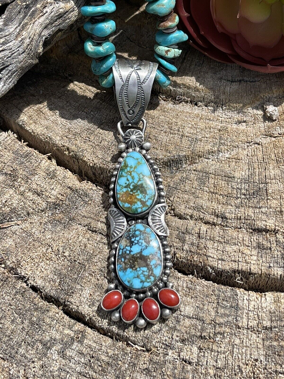 Navajo Sterling Kingman Web Turquoise & Red Coral Taos Pendant Danny Clark