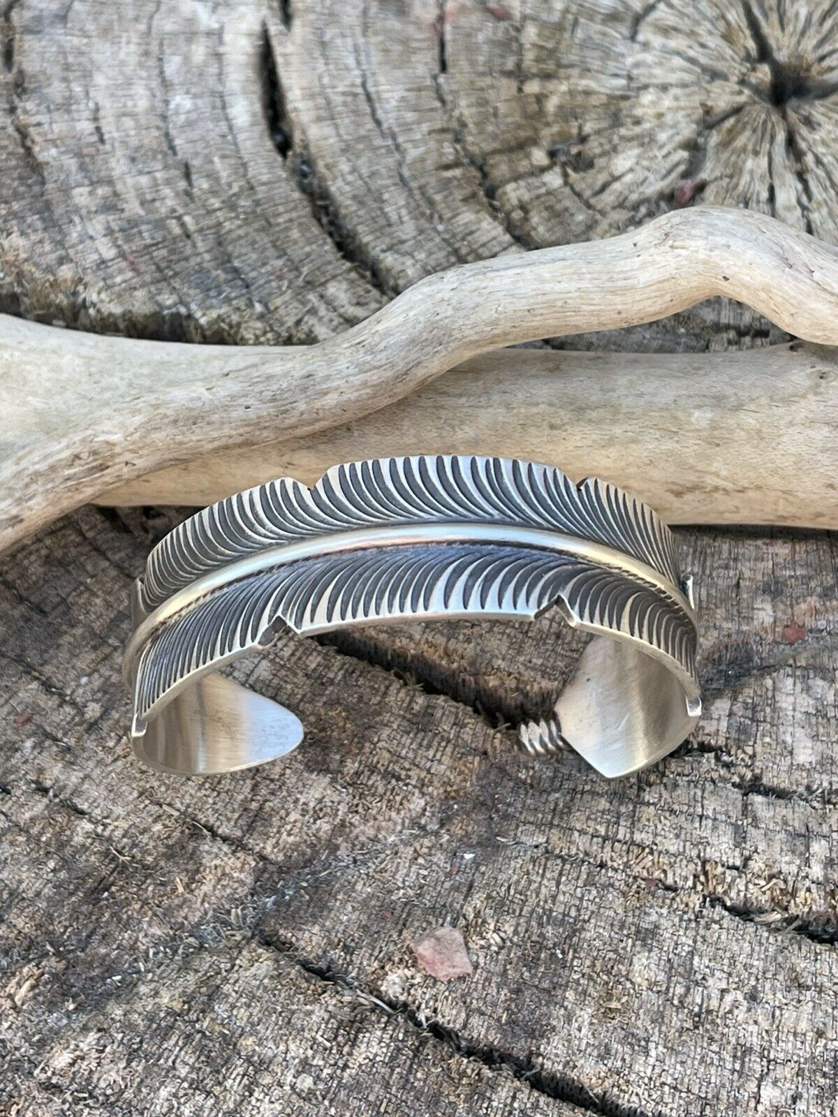 Navajo Sterling Silver Hand Stamped  Feather Bracelet Cuff