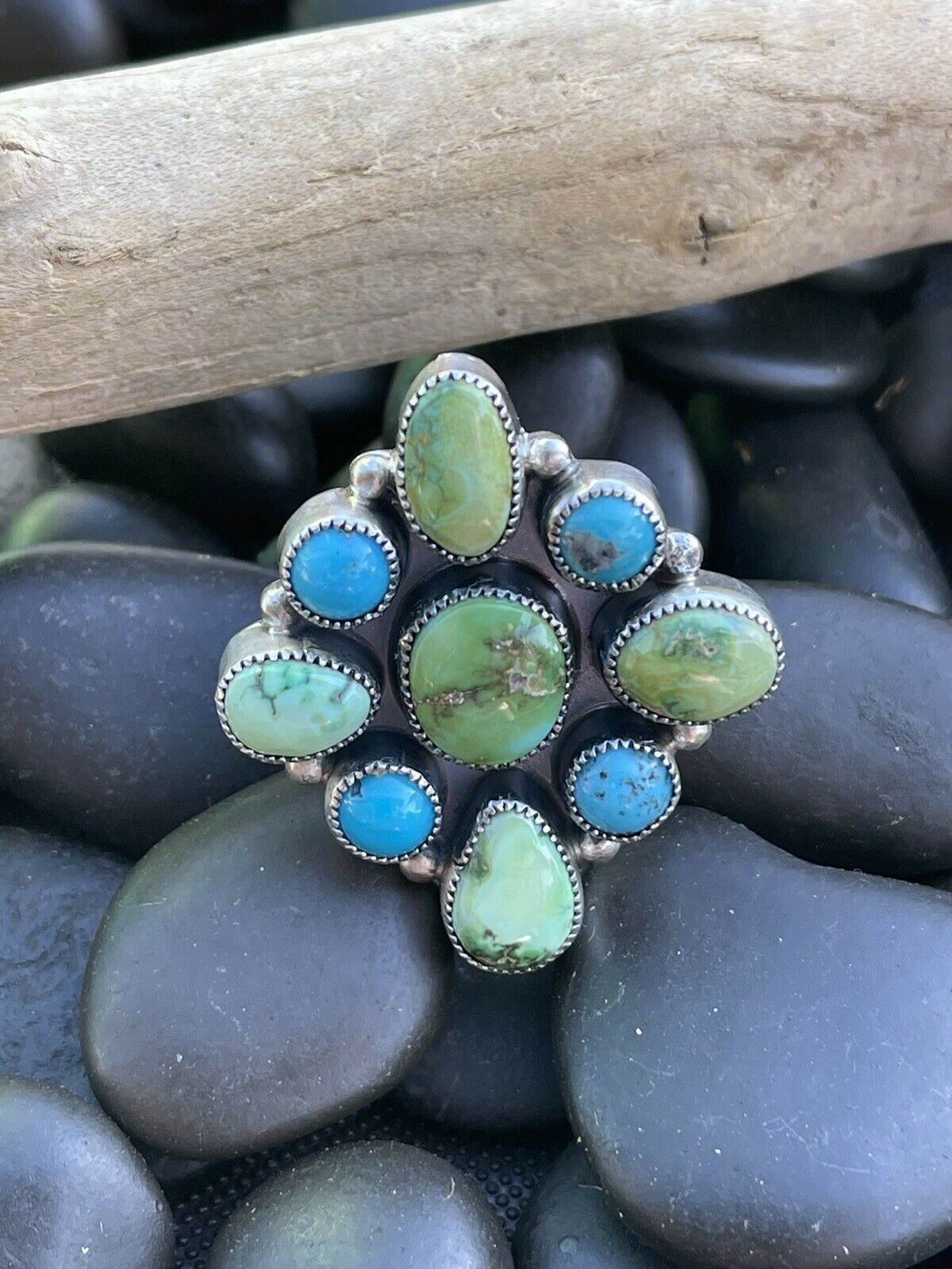 Navajo Sterling Sonoran Gold And Golden Hills Turquoise Cluster Ring Size 8.5