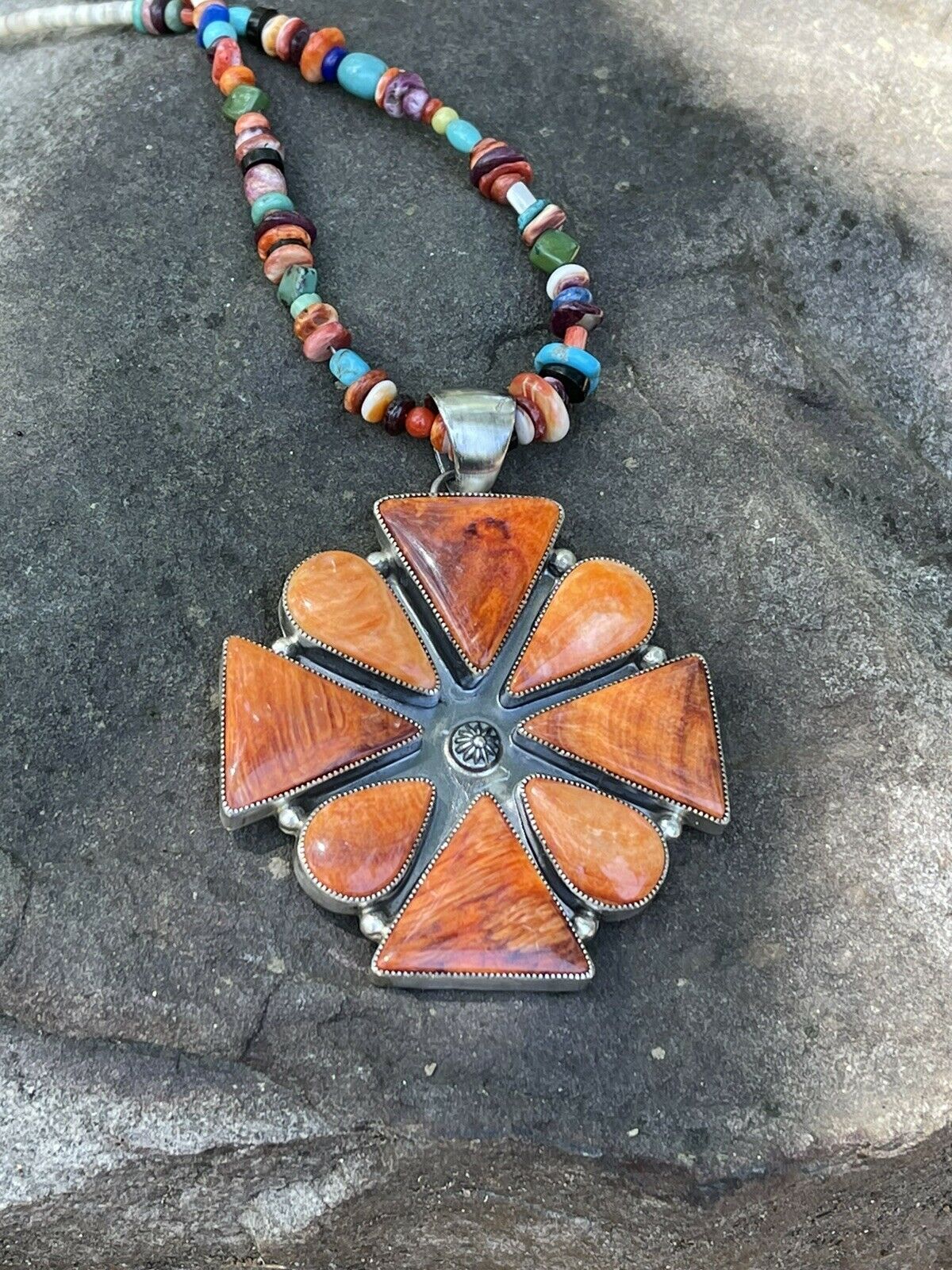 Navajo Sterling Silver Orange Spiny  Jumbo Cluster Pendant