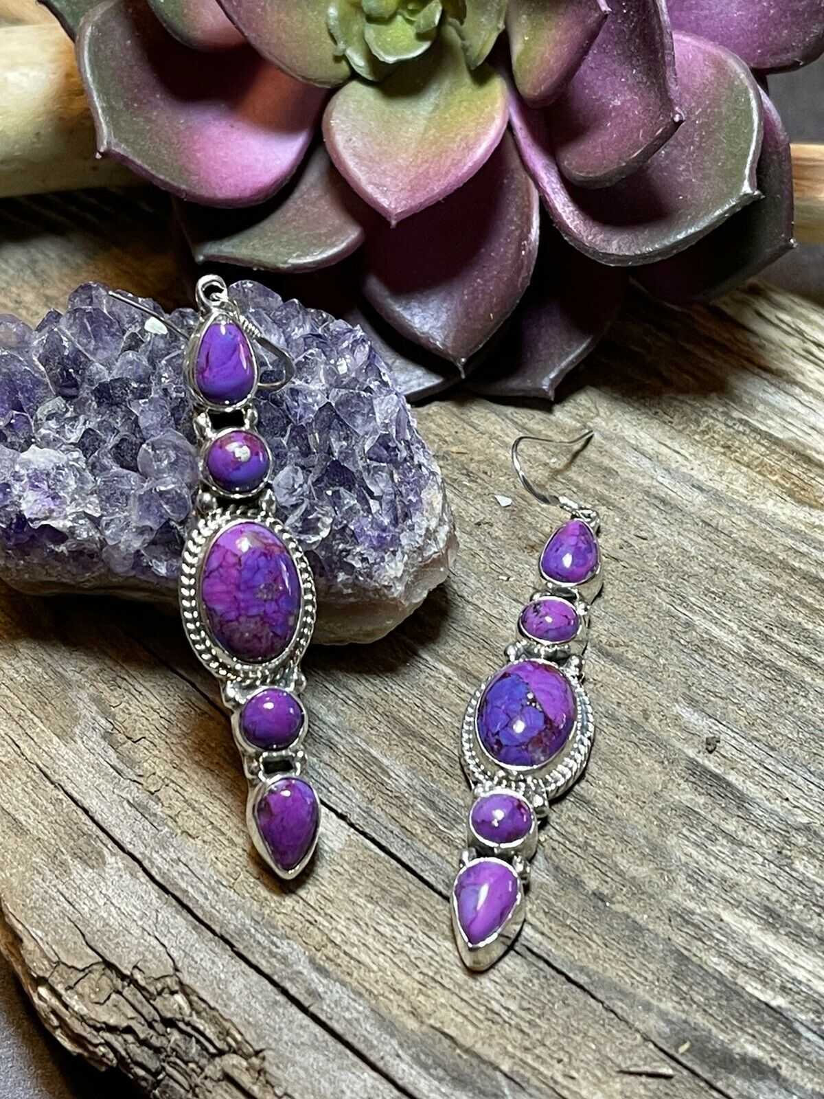 Navajo Sterling Silver Purple Mojave Dangle Fancy Earrings Signed