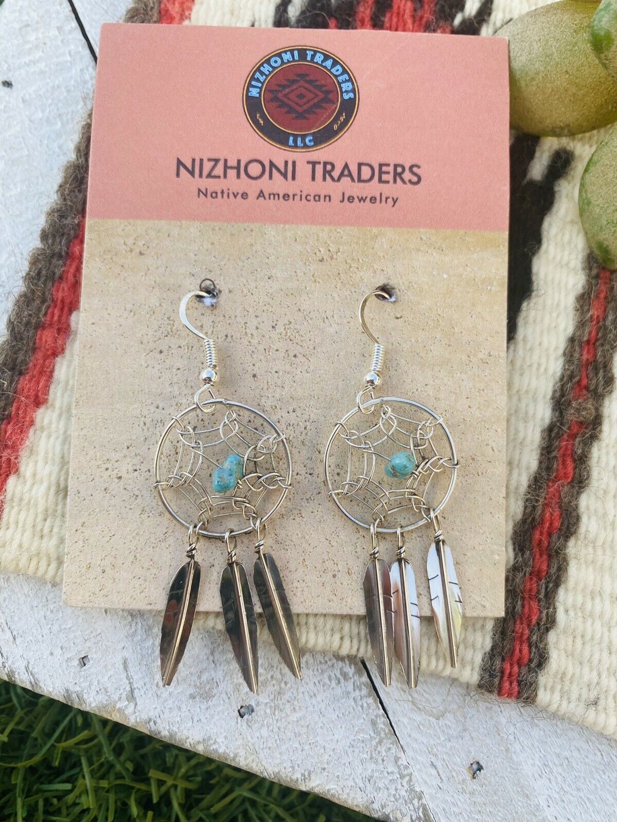 Navajo Sterling Silver & Dream Catcher Feather Dangle Earrings