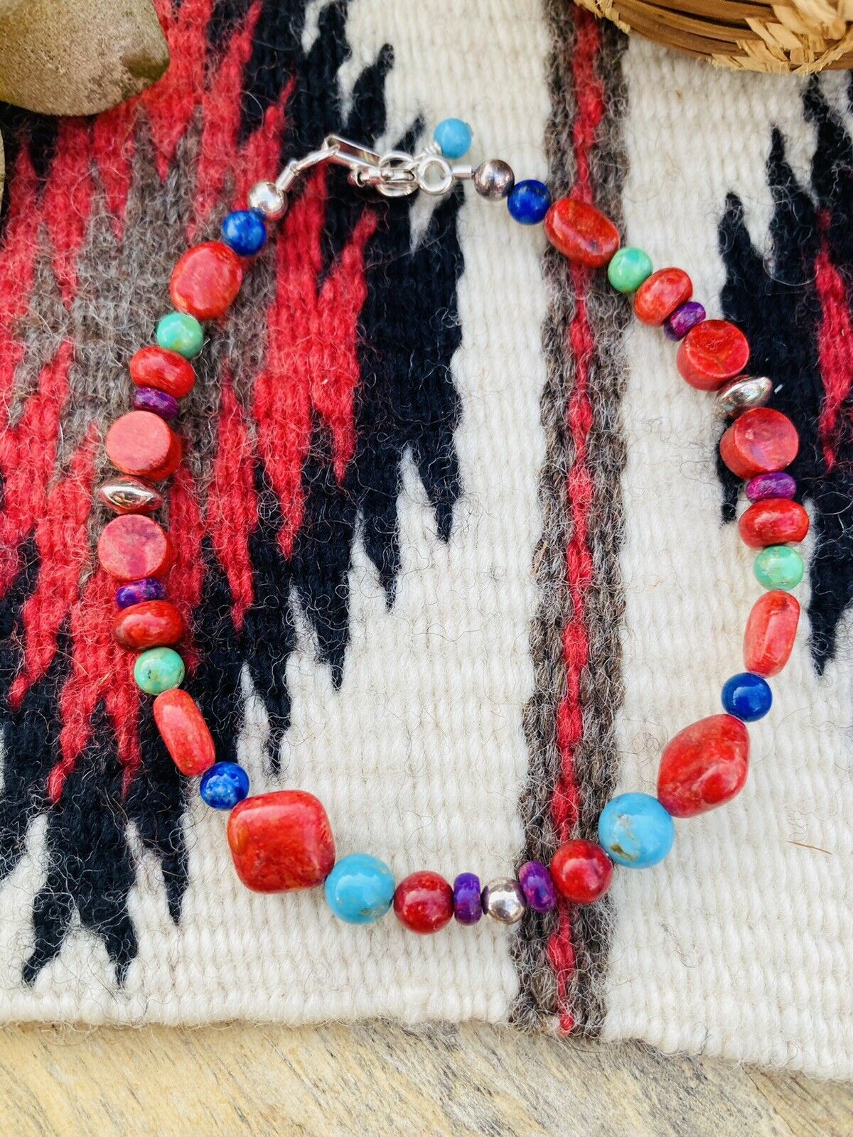 Navajo Coral & Multi Stone Sterling Silver Beaded Bracelet