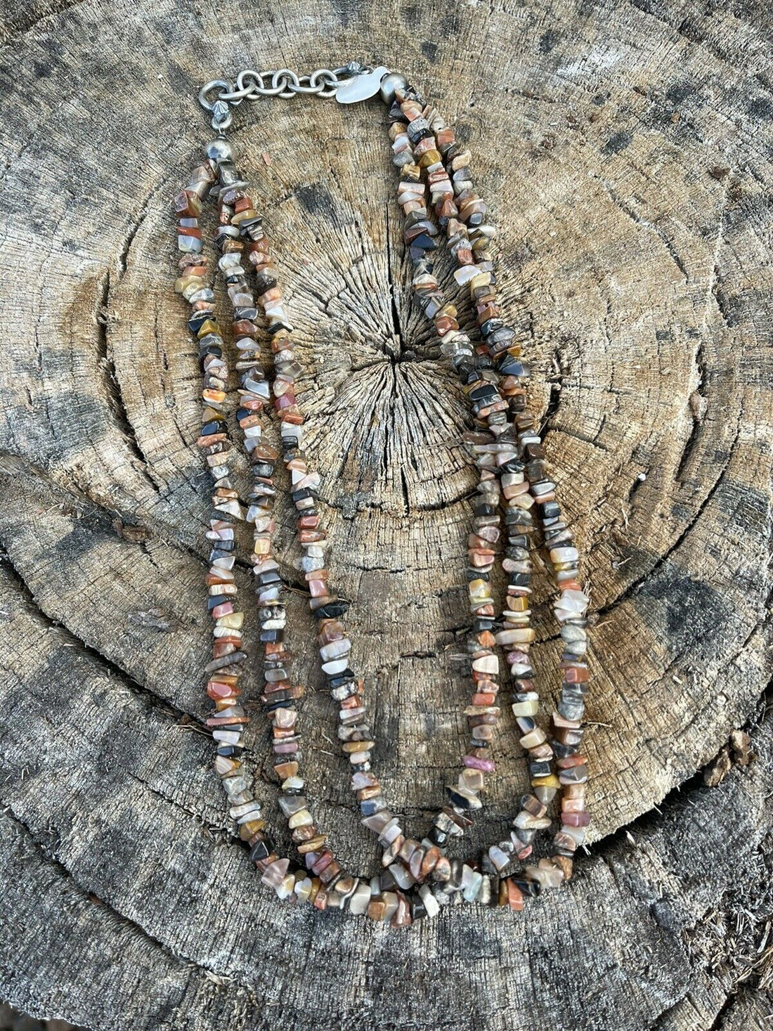 Handcrafted Sterling Silver Multi Jasper Chip Triple Strand Necklace
