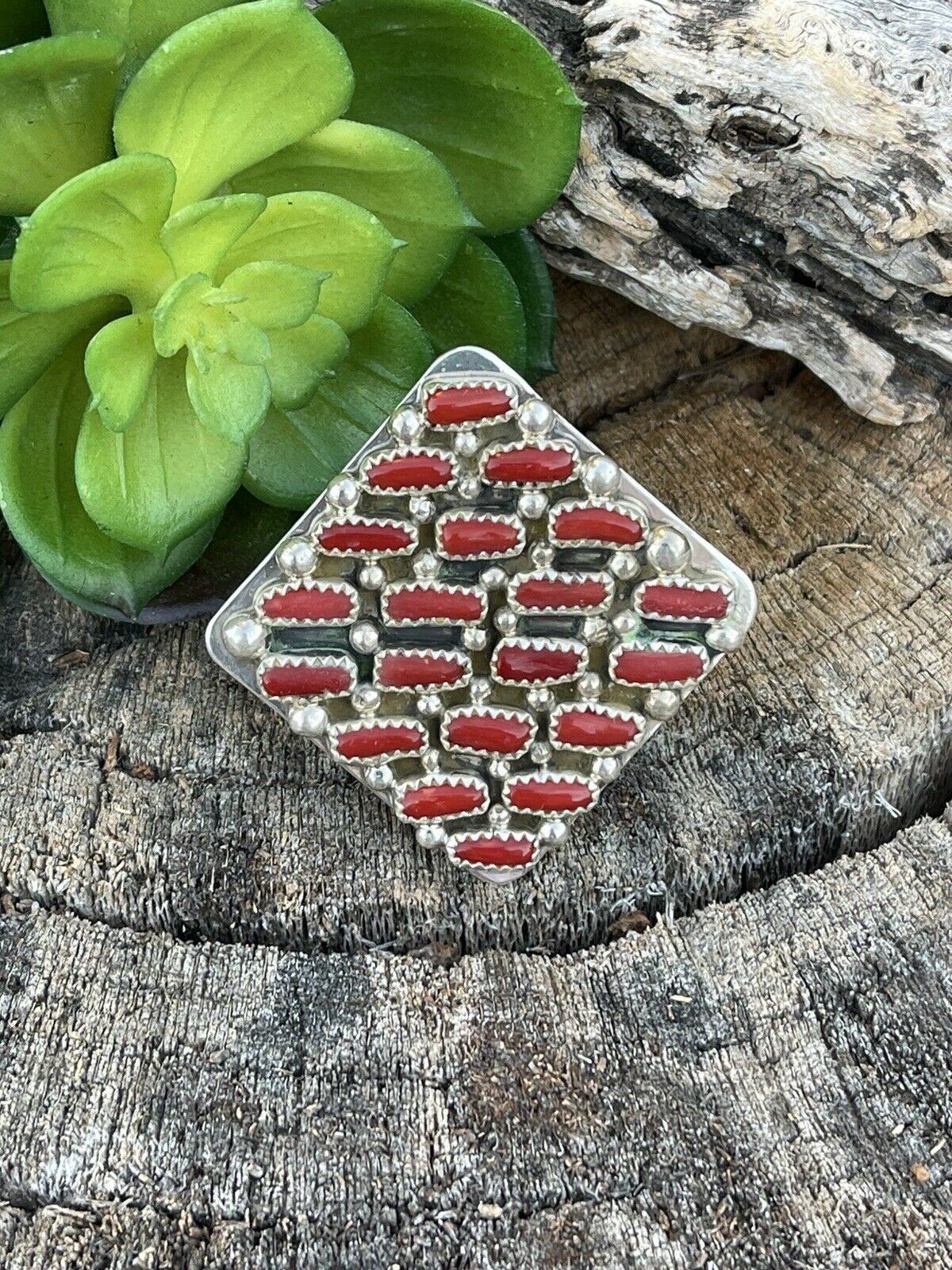 Navajo Sterling Silver Square Platform Red Coral Ring Sz 8