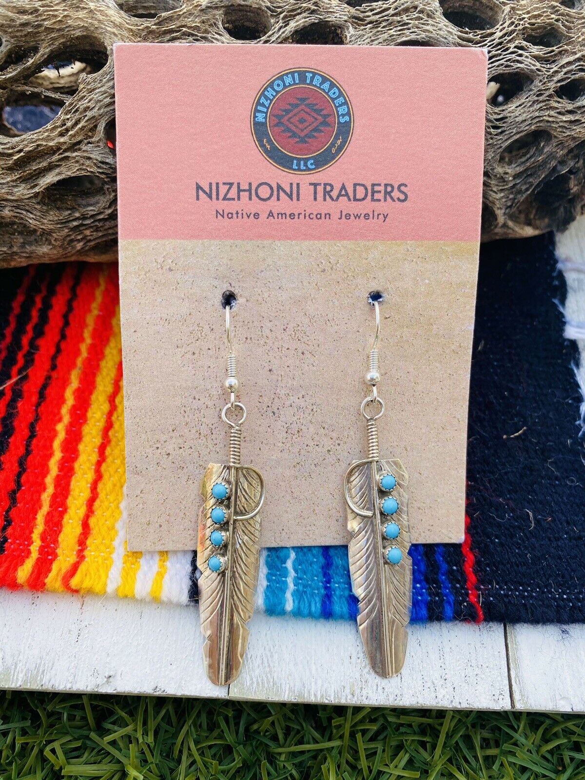 Navajo Turquoise & Sterling Silver Feather Dangle Earrings