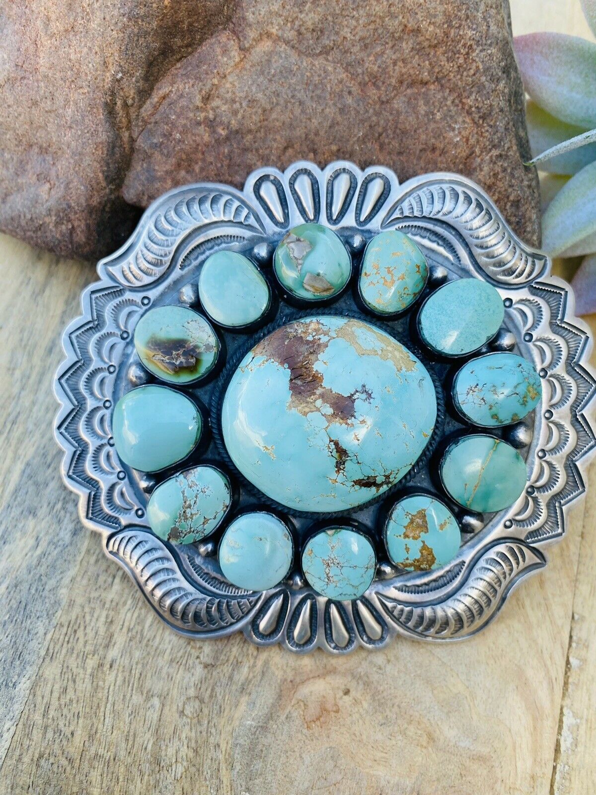 Stunning Vintage Navajo Number 8 Turquoise & Sterling Silver Belt Buckle Signed