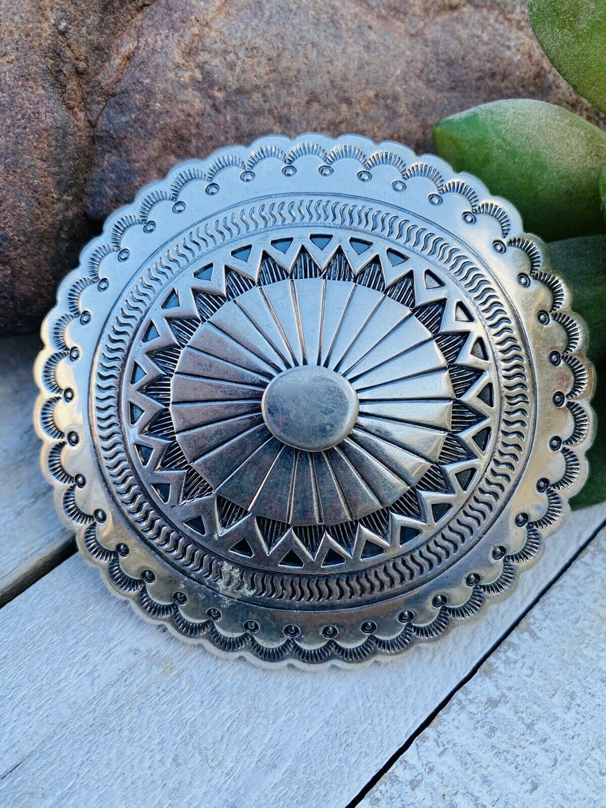 Vintage Navajo Hand Stamped Sterling Silver Belt Buckle Signed