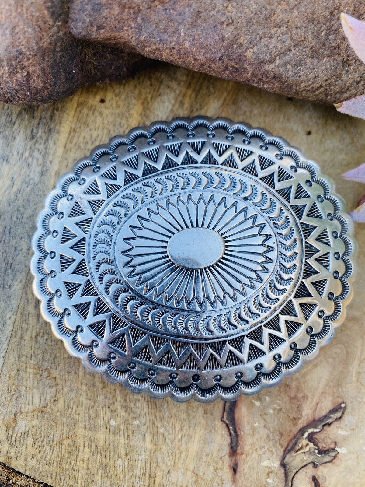 Vintage Navajo Hand Stamped Sterling Silver Belt Buckle Signed