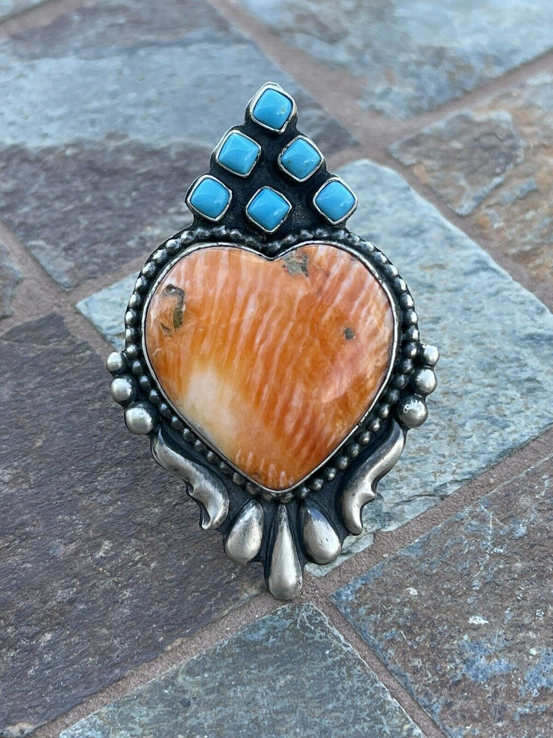 Handcrafted Sterling Silver Orange Spiny Heart & Turquoise Ring Sz 8