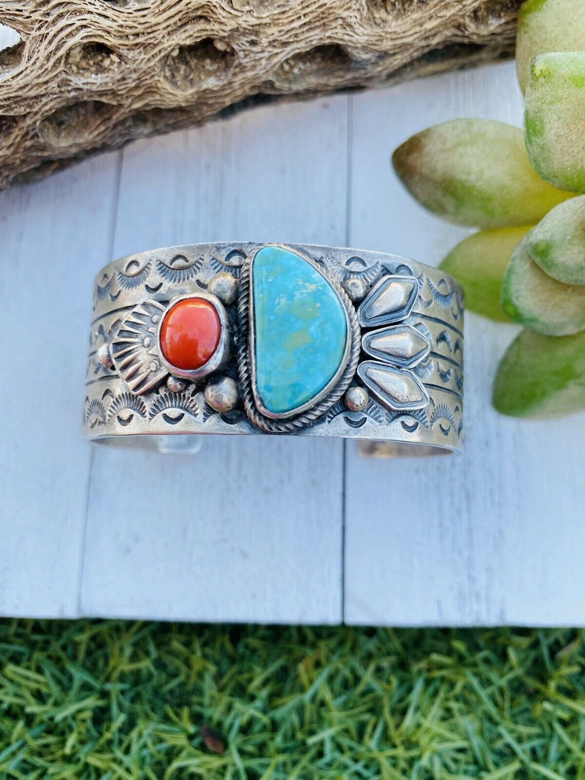 Vintage Navajo Turquoise, Coral & Sterling Silver Cuff Bracelet By Sheila Tso