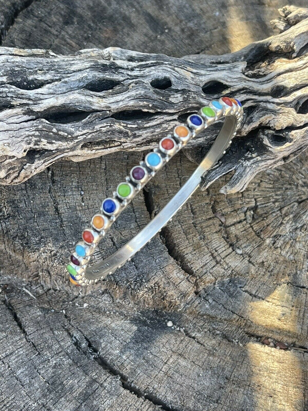 Navajo Multi Stone Rainbow Sterling Silver Bangle Signed