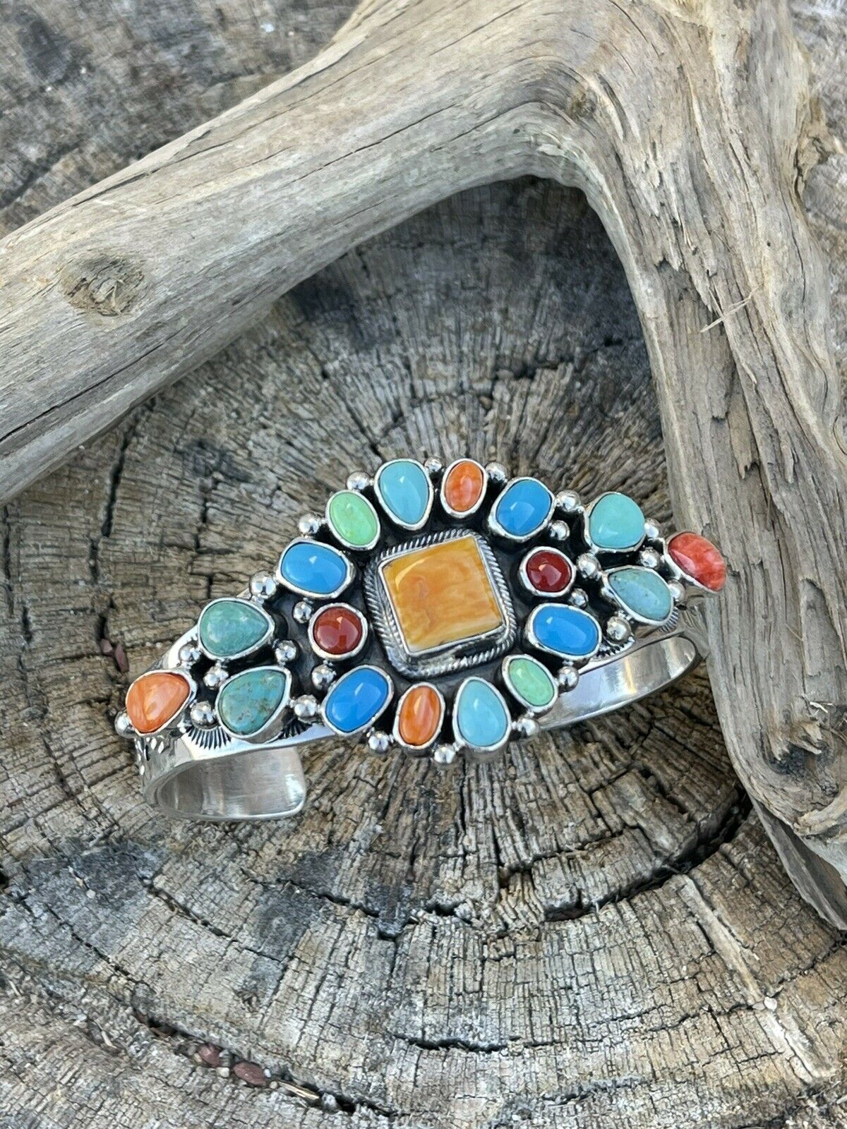 Navajo Multi Stone Sterling Silver Cluster Colorful Cuff Bracelet