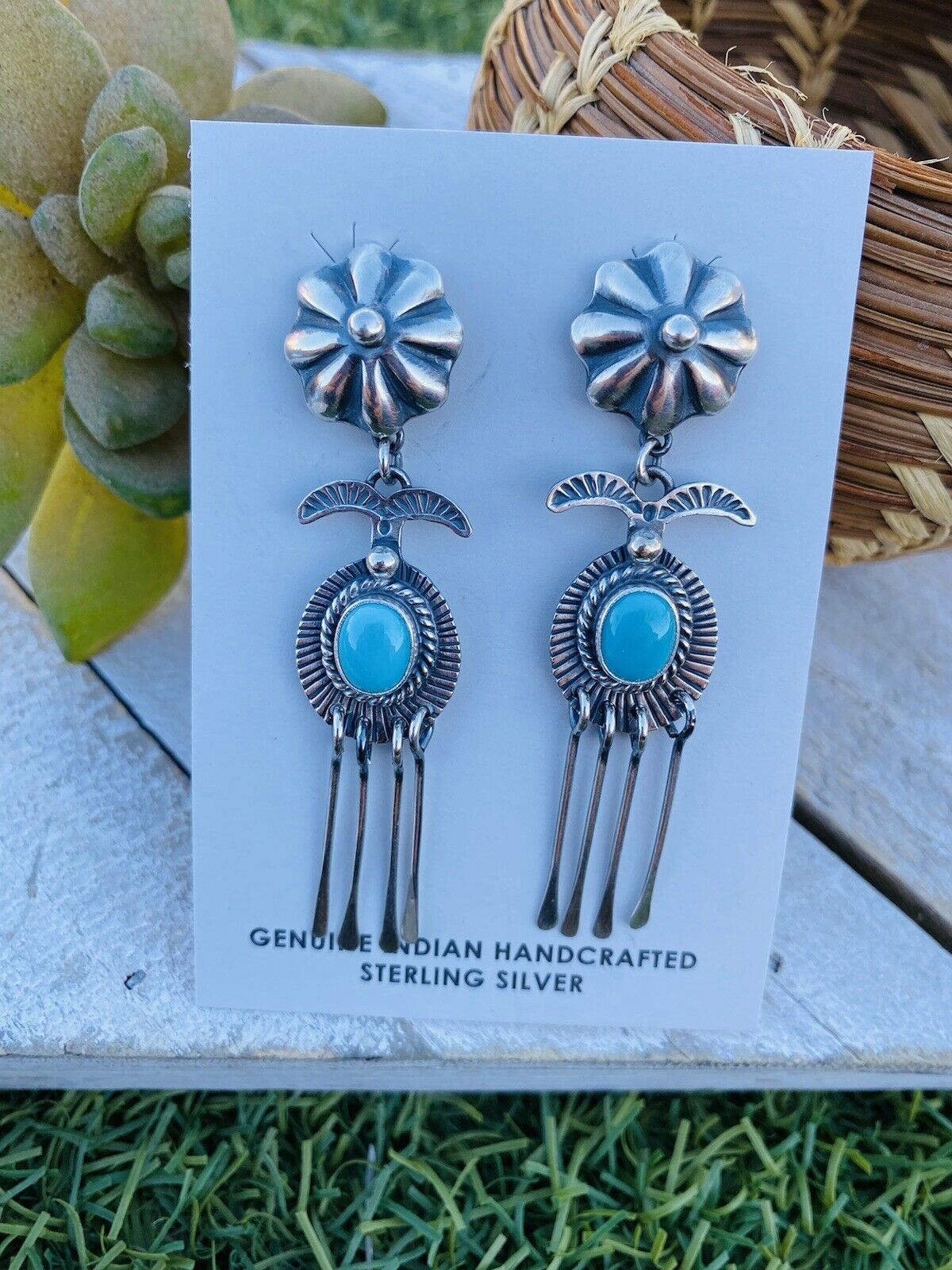 Navajo Turquoise & Sterling Silver Concho Dangle Earrings