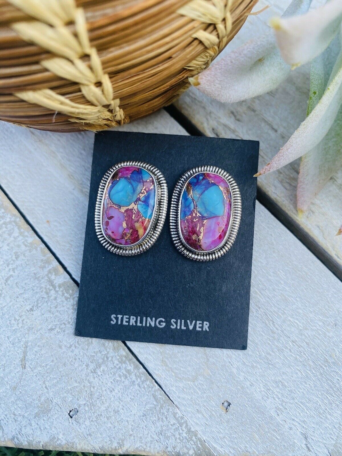 Navajo Pink Dream Mohave & Sterling Silver Post Earrings By Wydell Billie