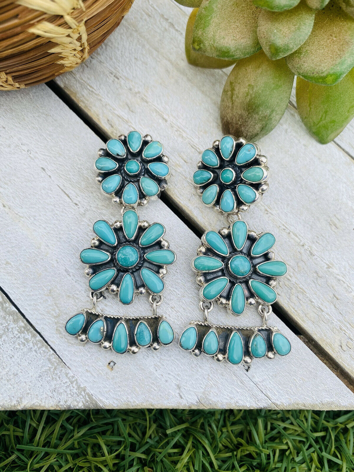 Navajo Handmade Turquoise and Sterling Silver Cluster Dangle Post Earrings