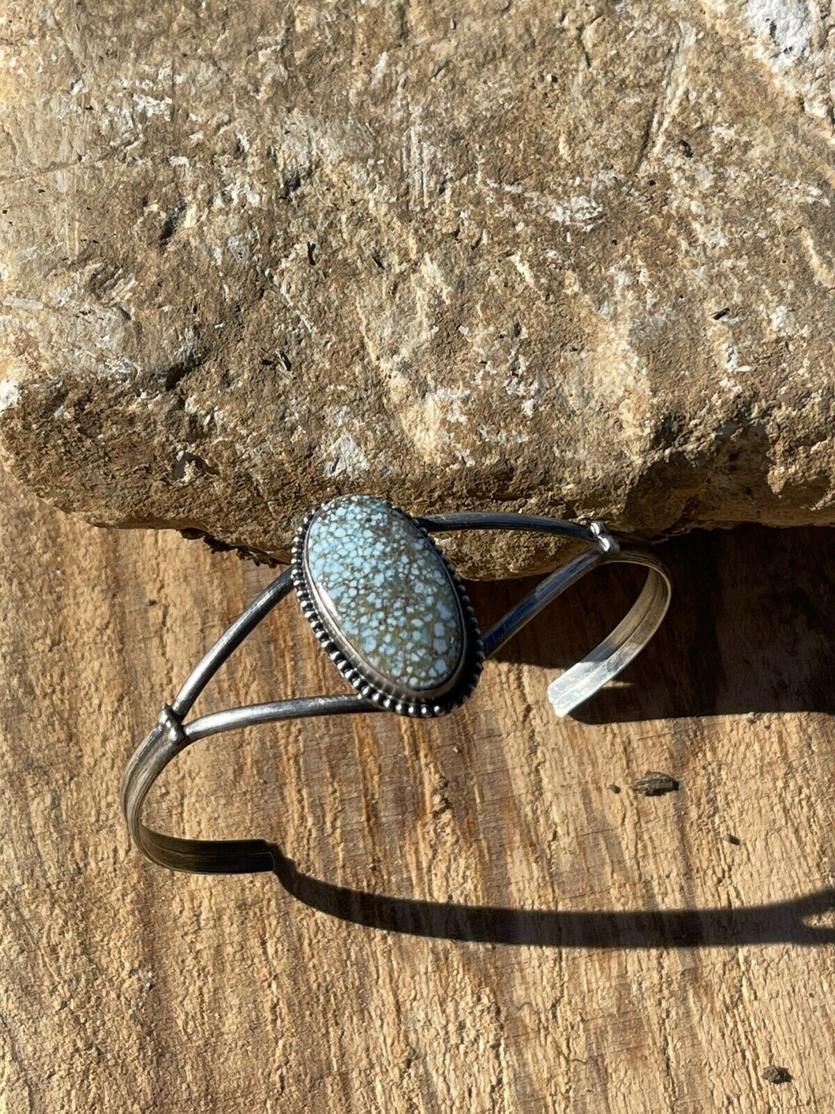 Navajo Handmade Sterling Silver & Number 8 Turquoise Signed Cuff Signed S.Cooke