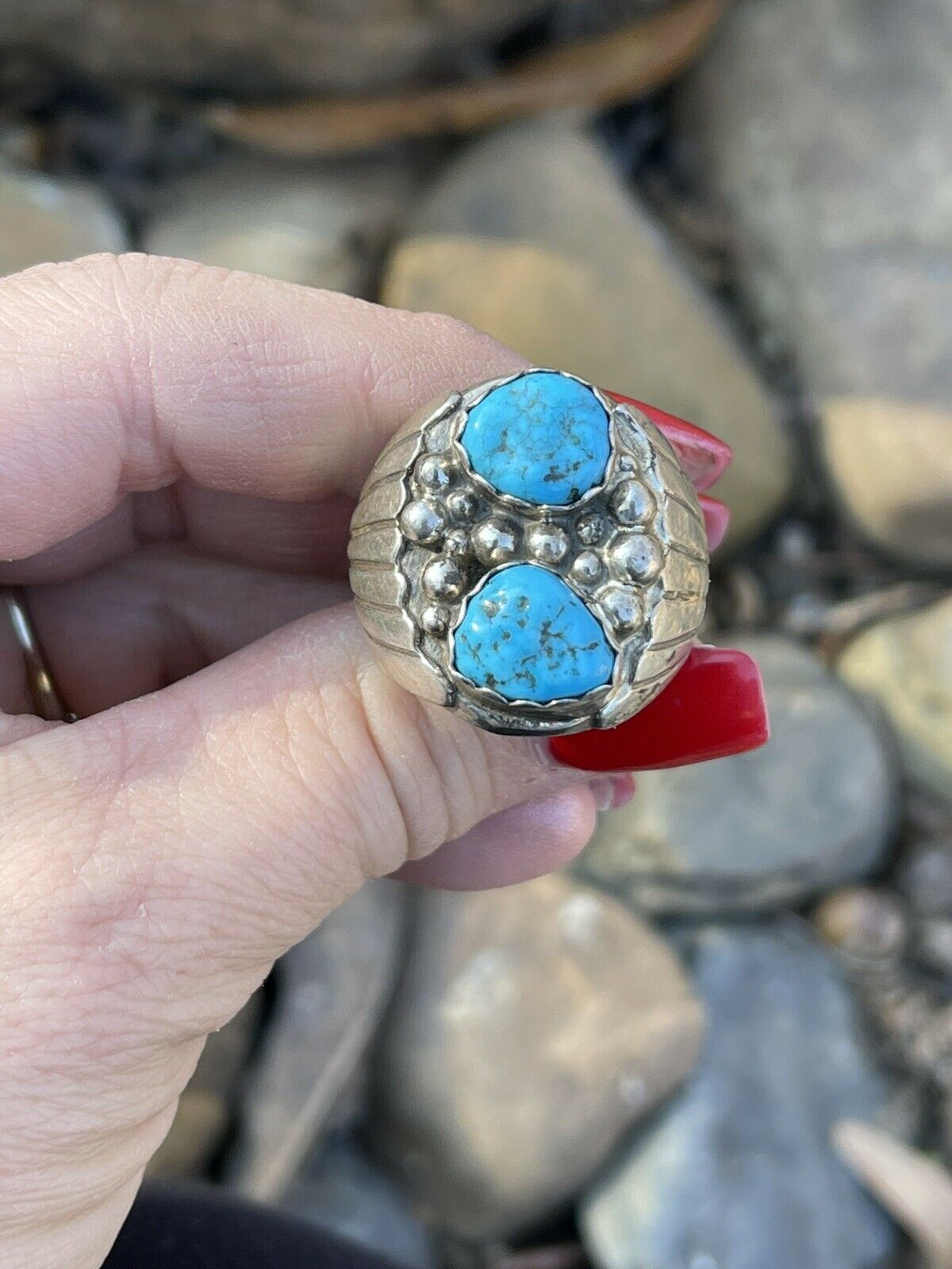 Navajo Sterling Silver & Kingman Turquoise 2 Stone Ring Size 13.5