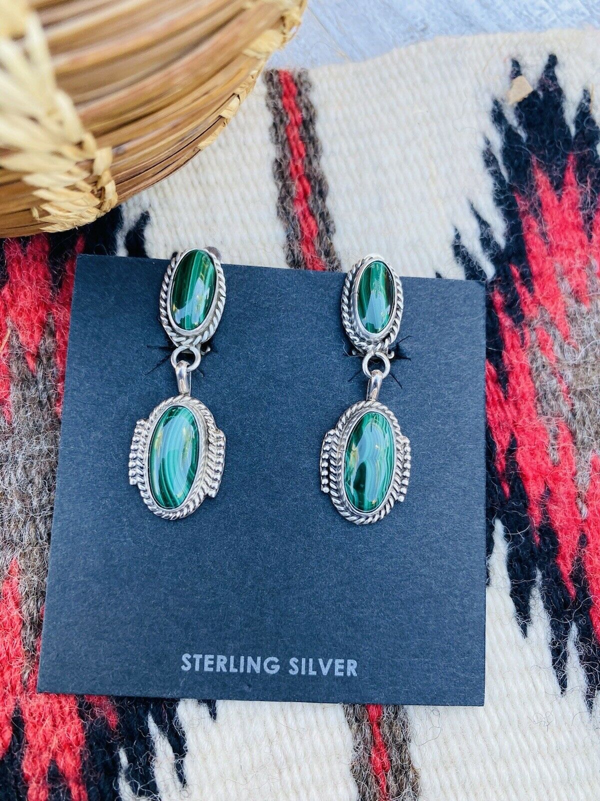 Navajo Malachite & Sterling Silver Clip On Dangle Earrings