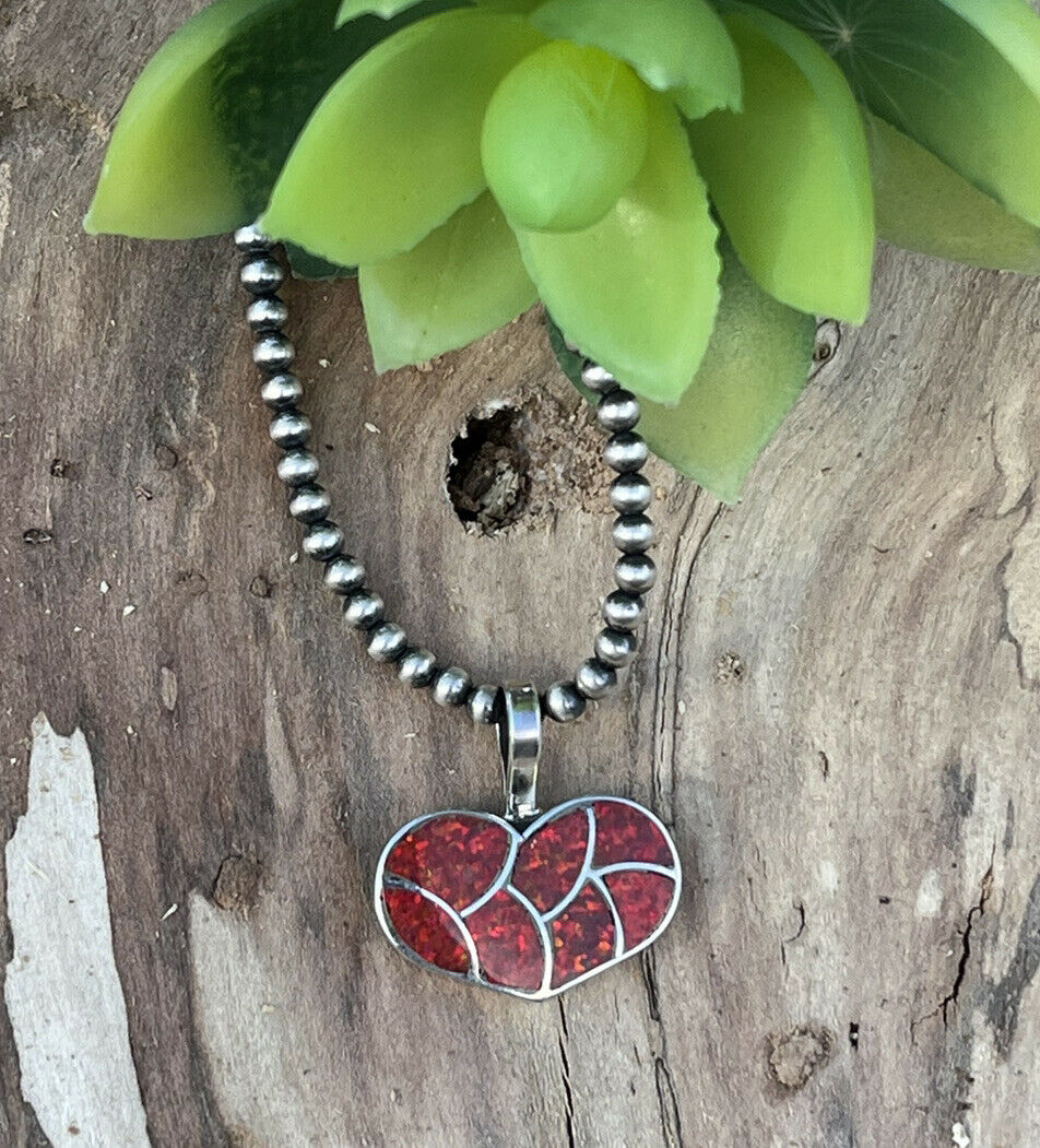 Zuni Iridescent Red Opal & Sterling Silver Heart Pendant