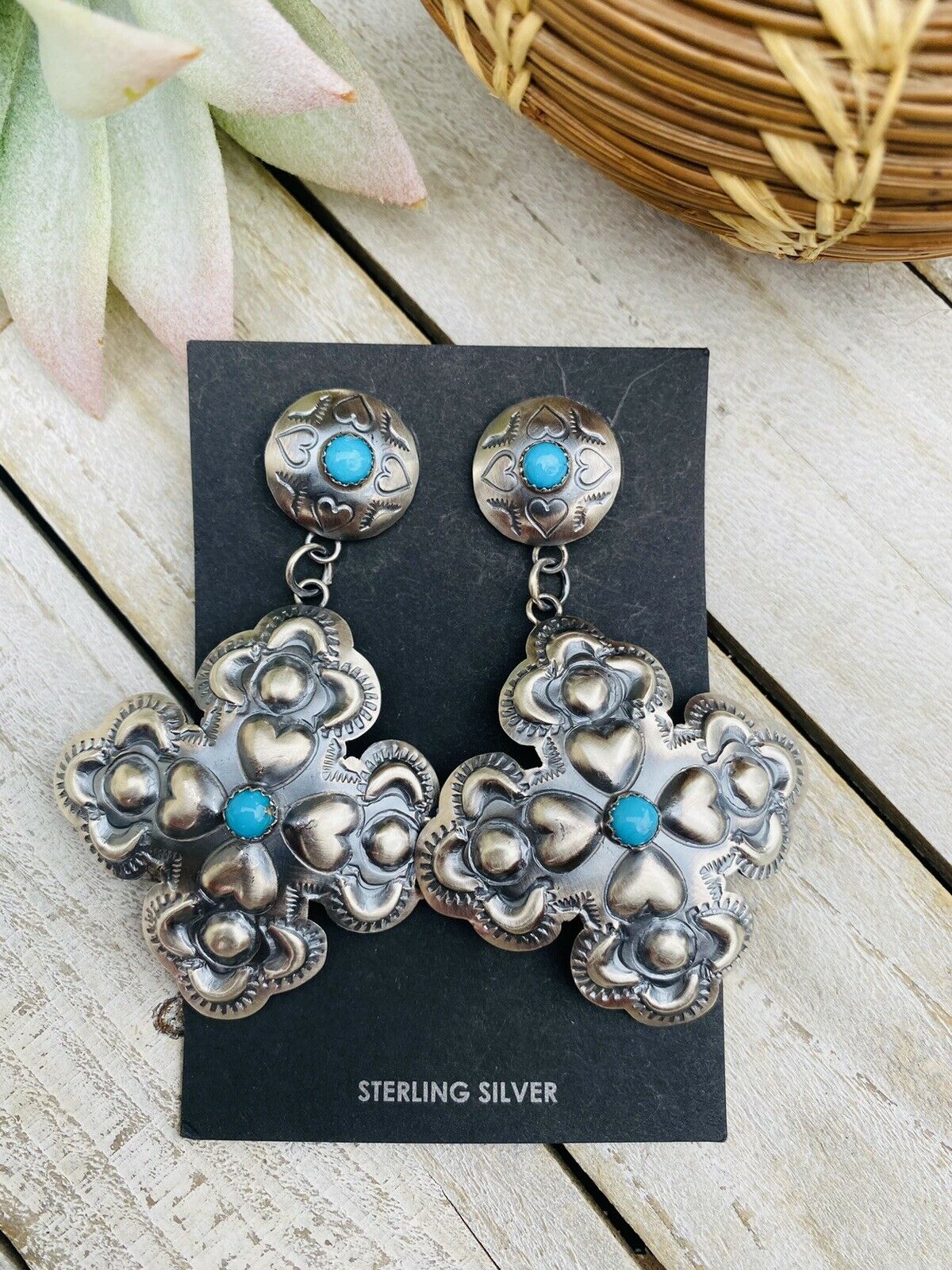 Navajo Turquoise & Sterling Silver Concho Cross Dangle Earrings By Tim Yazzie