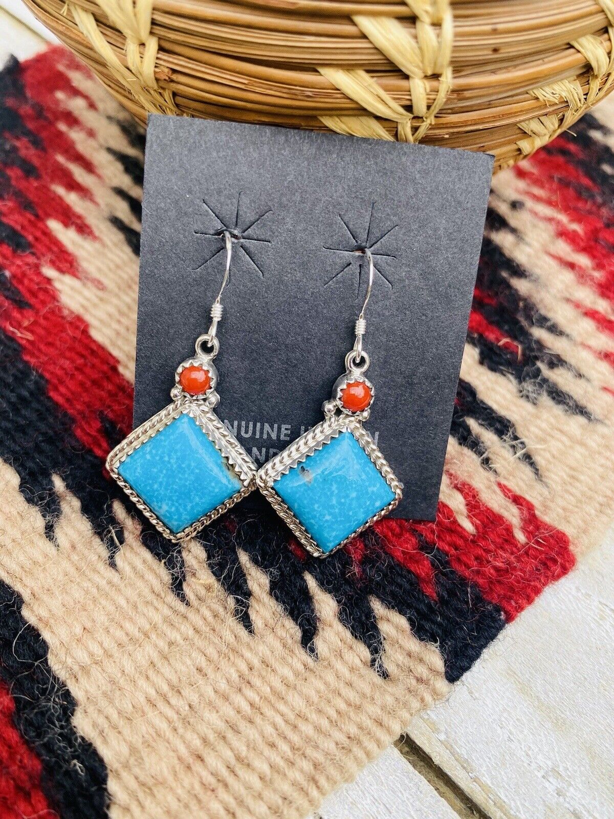 Navajo Turquoise, Coral & Sterling Silver Dangle Earrings