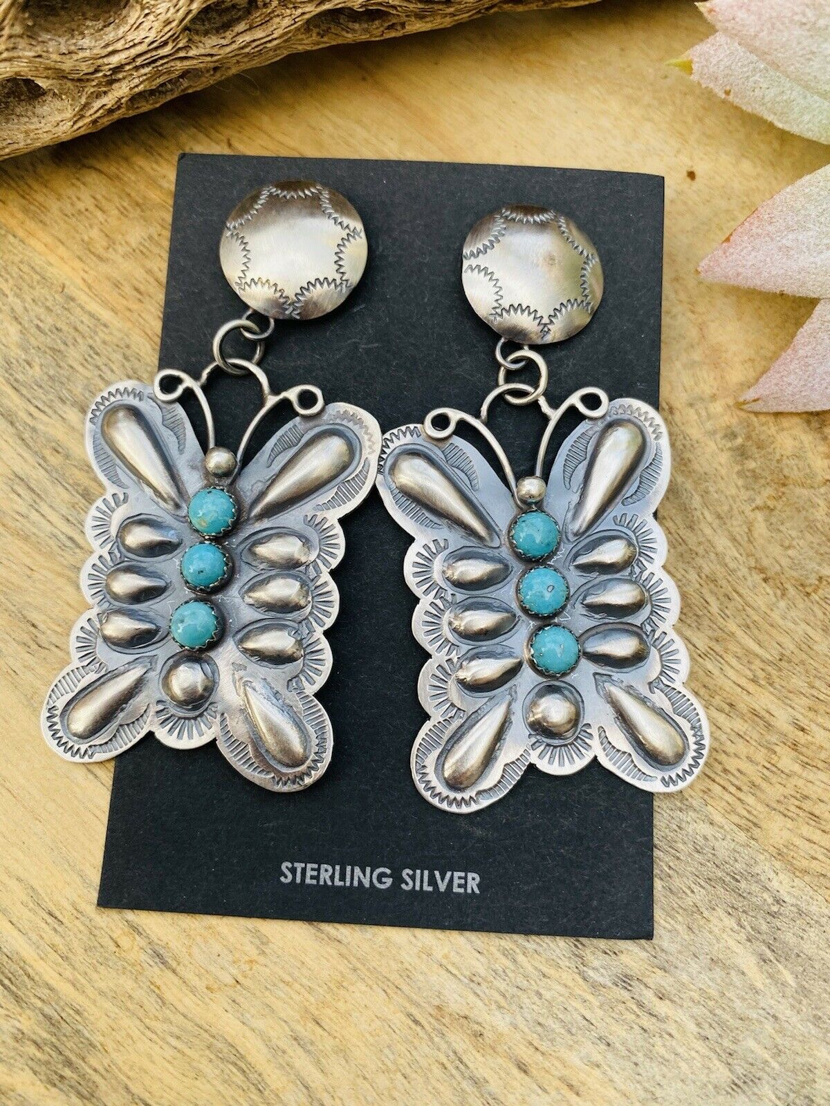 Navajo Turquoise & Sterling Silver Butterfly Dangle Earrings By Tim Yazzie