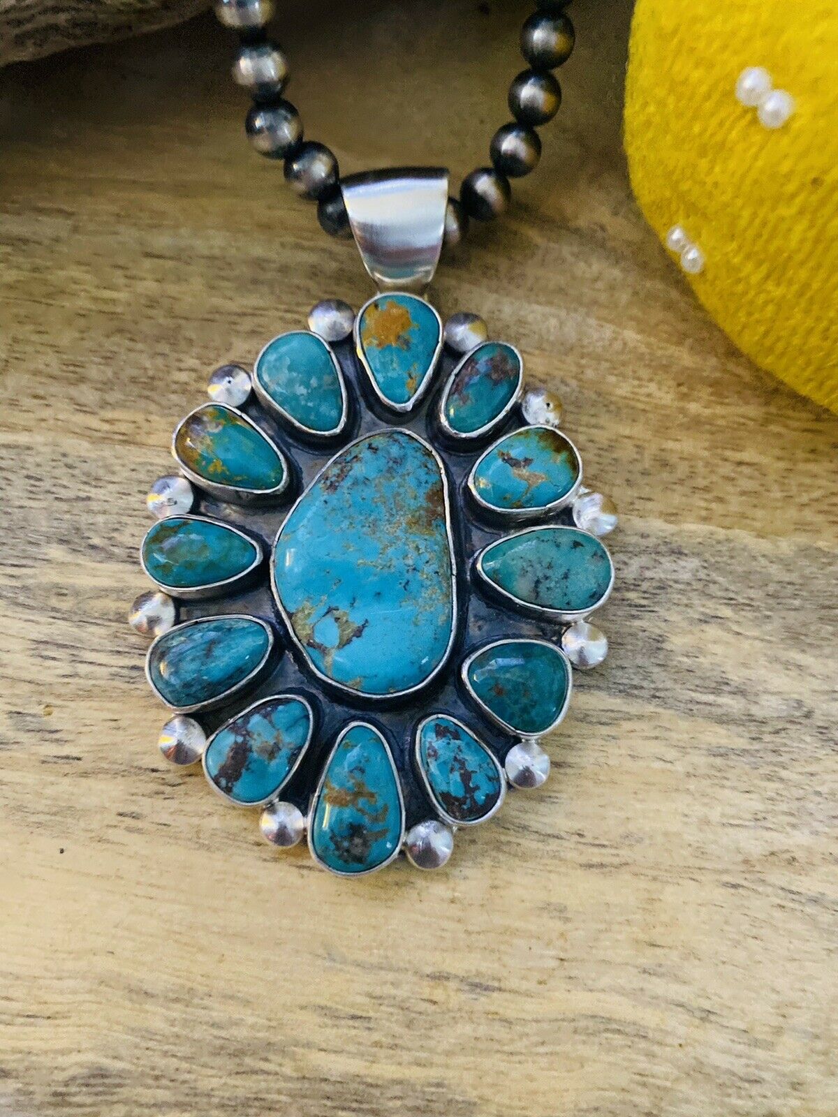 Navajo Sterling Silver & Multi Turquoise Cluster Pendant Signed