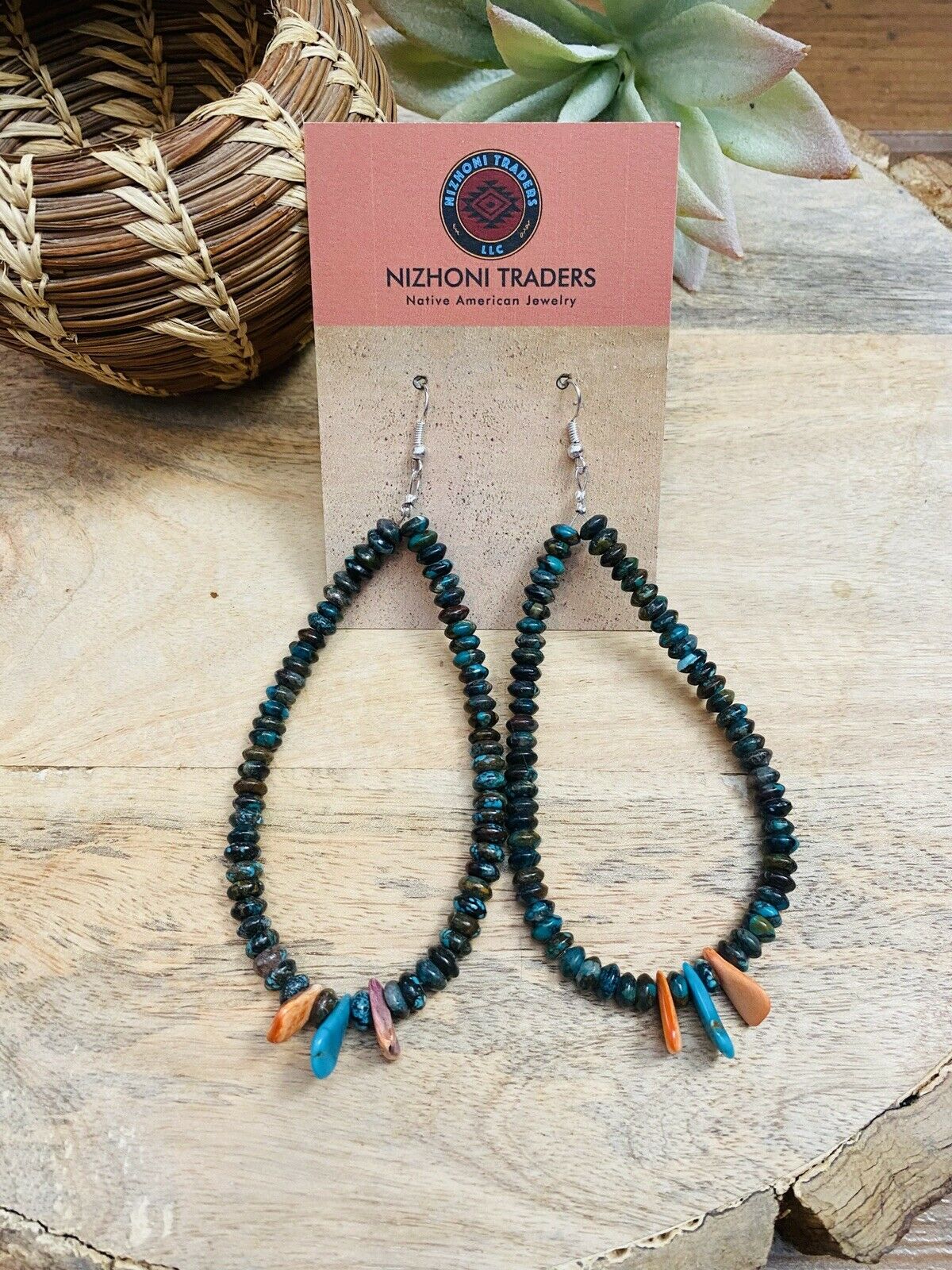 Navajo Turquoise & Spiny Oyster Beaded Dangle Hoop Earrings