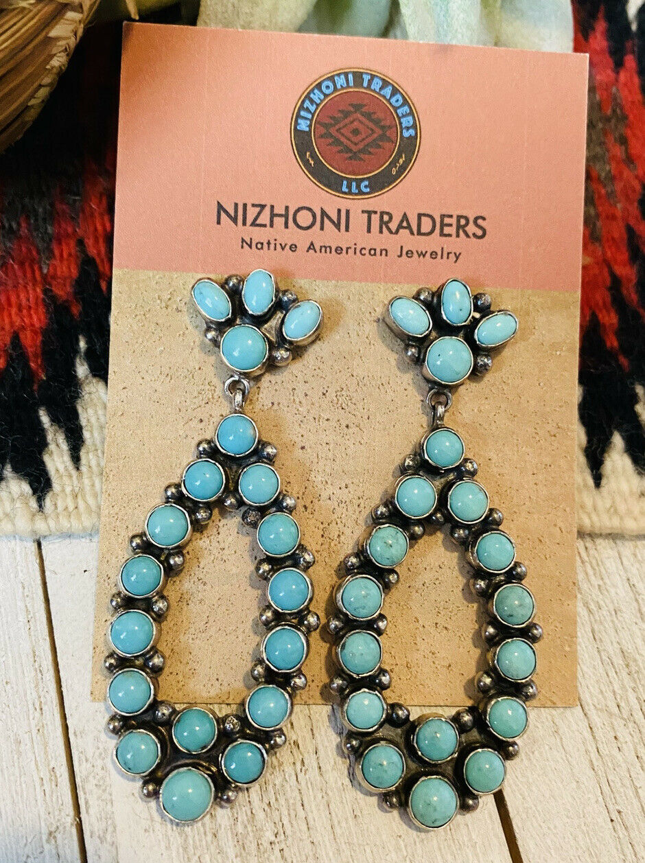 Navajo Carico Lake Turquoise & Sterling Silver Cluster Dangle Earrings Signed