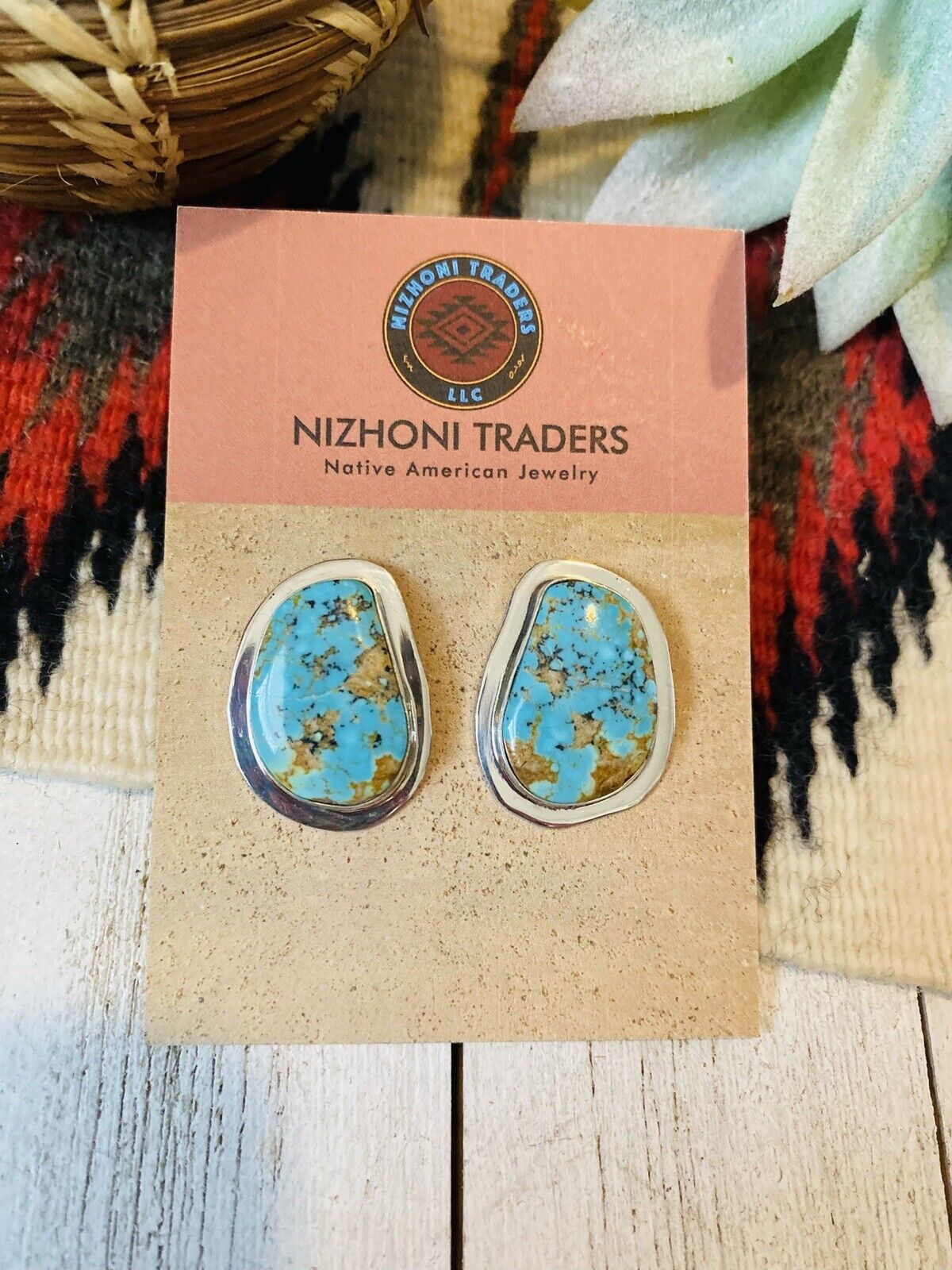 Navajo Royston Turquoise & Sterling Silver Post Earrings Signed