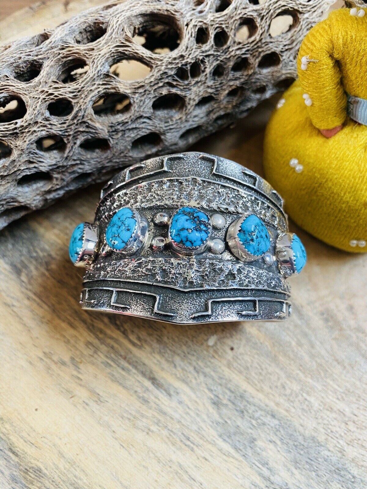 Navajo Kingman Turquoise & Hand Stamped Sterling Silver Cuff Bracelet