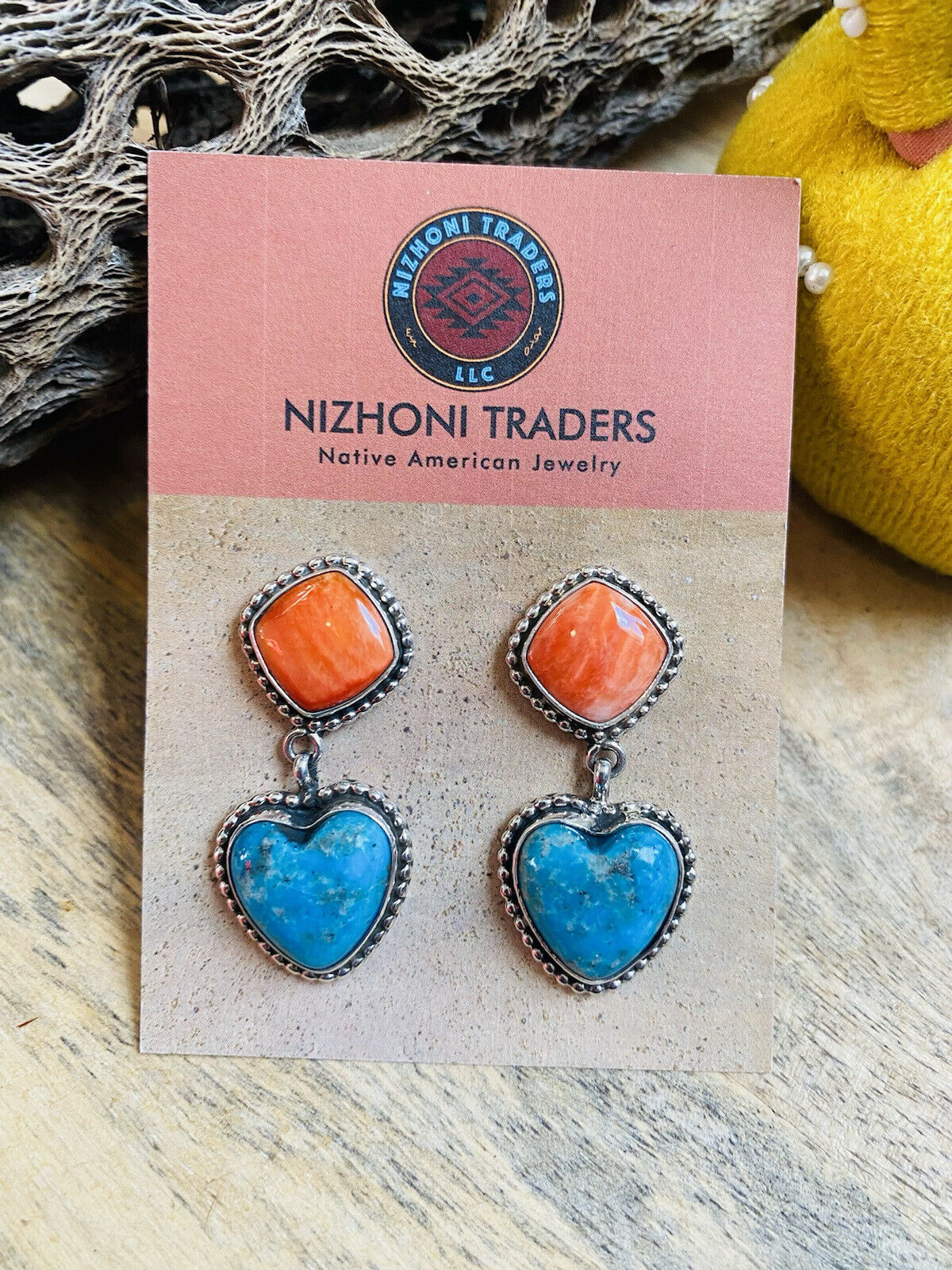 Navajo Sterling Silver, Orange Spiny & Turquoise Heart Dangle Earrings