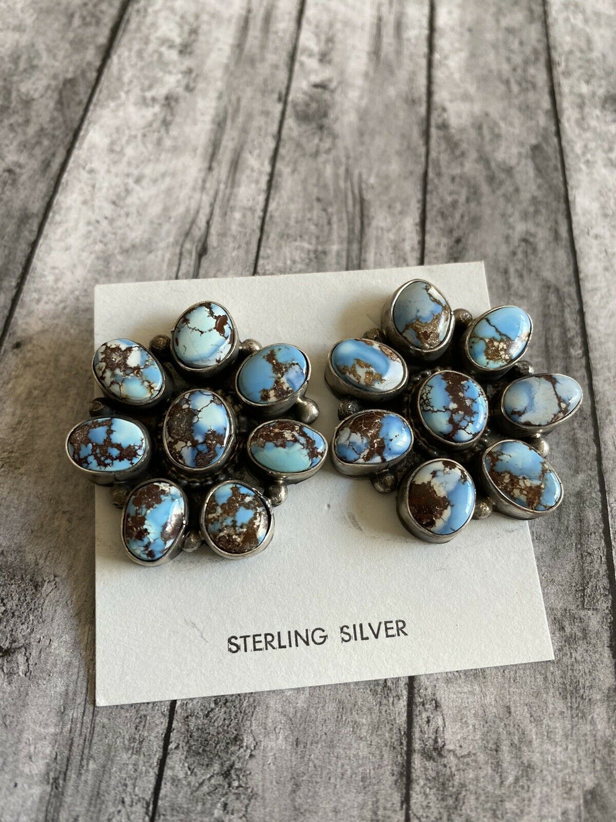 Navajo Sterling Silver & Golden Hills Turquoise  Cluster Post Earrings Signed