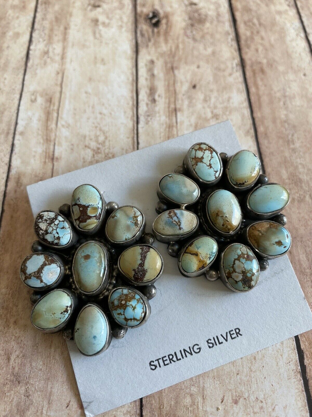 Navajo Sterling Silver & Golden Hills Turquoise  Cluster Post Earrings Signed