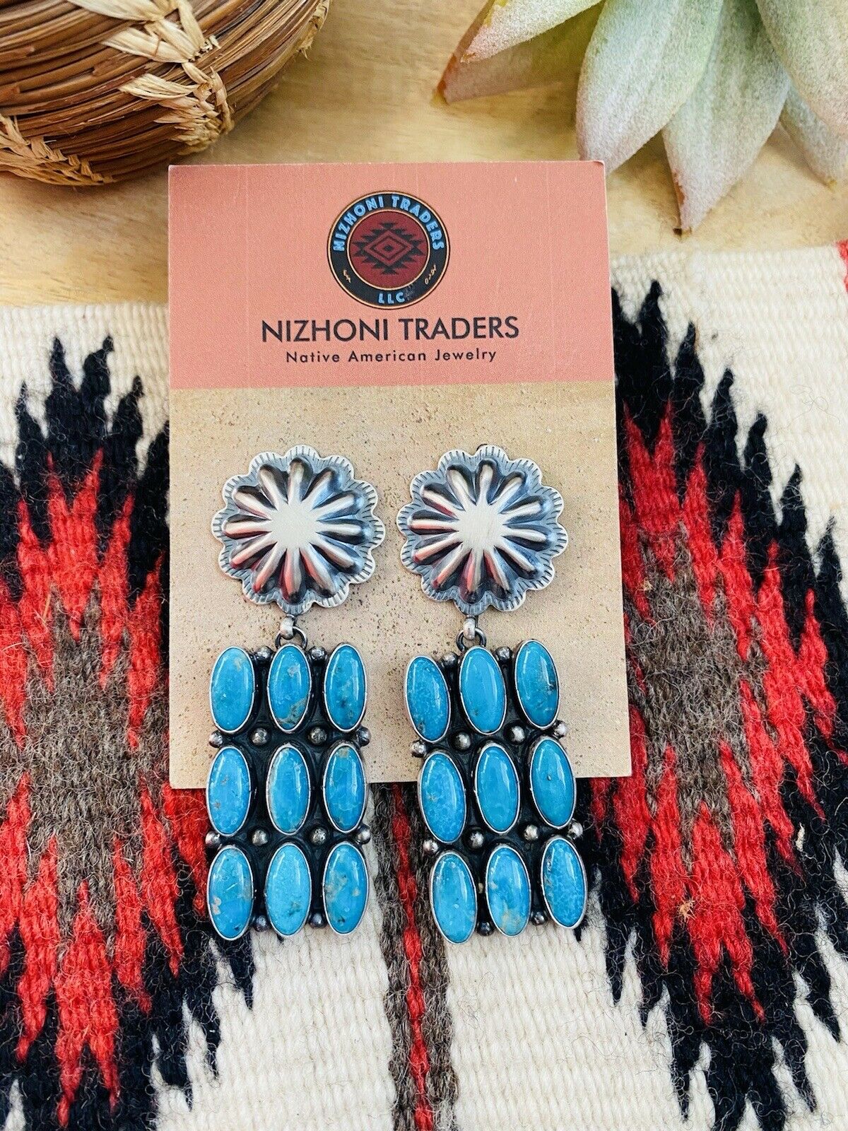 Navajo Turquoise & Sterling Silver Cluster Dangle Earrings Signed