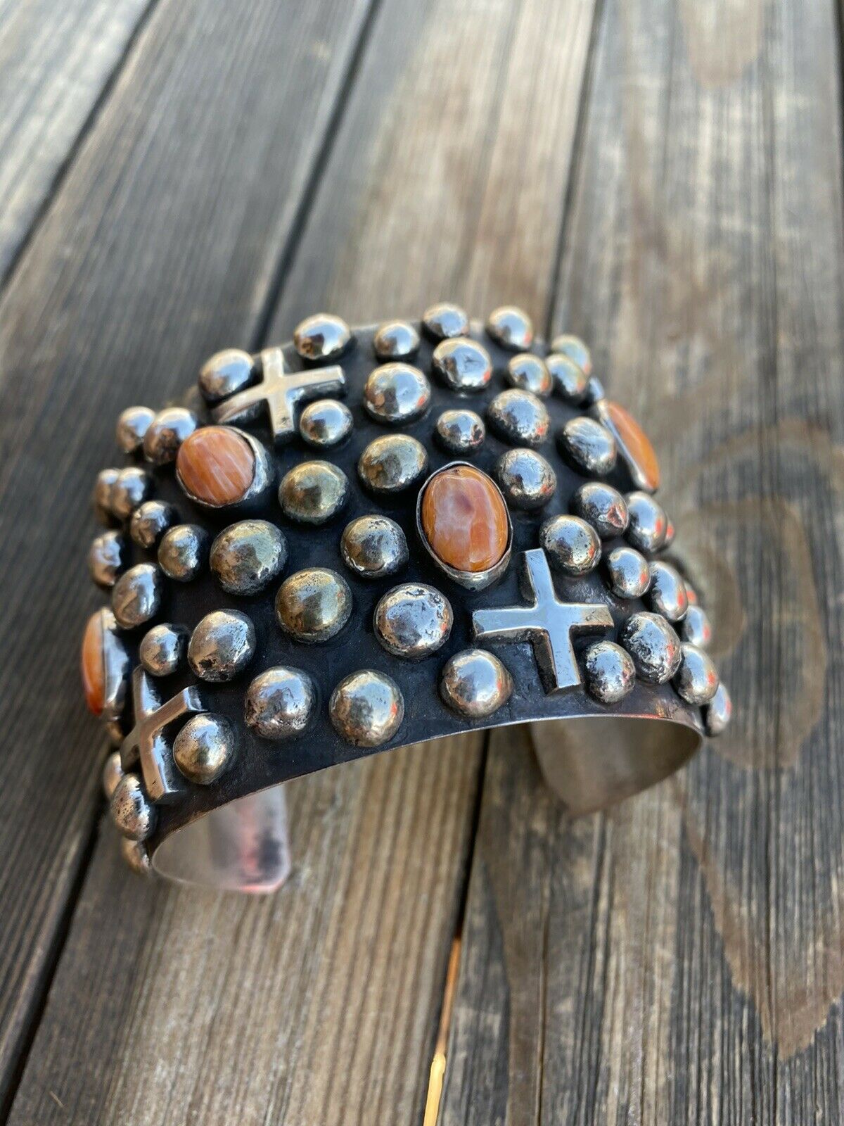 Navajo Sterling Silver & Orange Spiny Cross Bracelet By Chimney