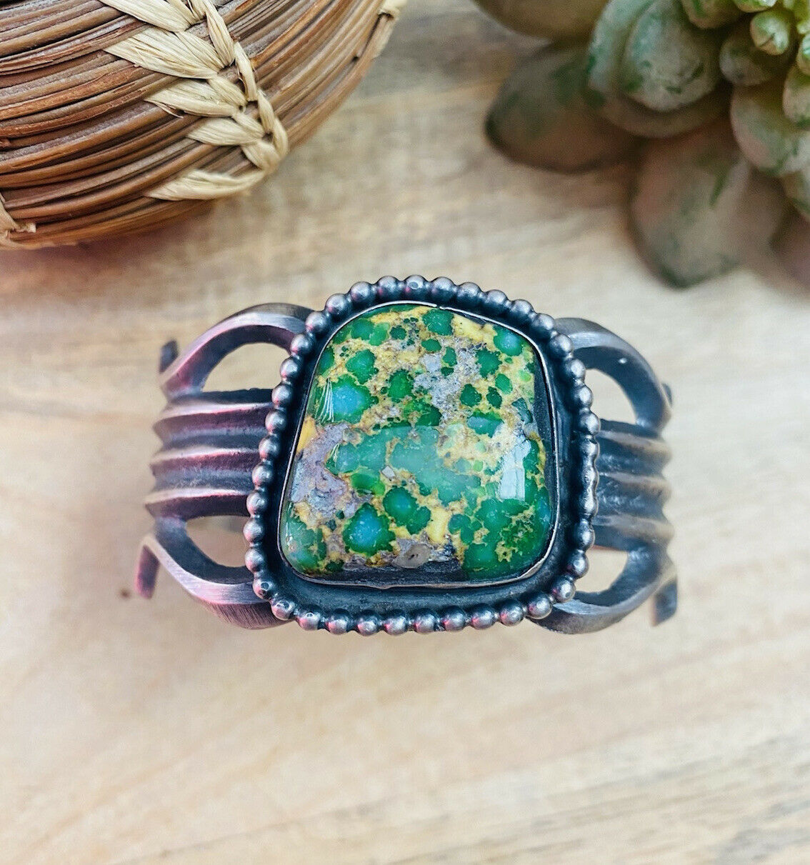 Navajo Sterling Silver & Sonoran Gold Turquoise Cuff Bracelet By Chimney Butte