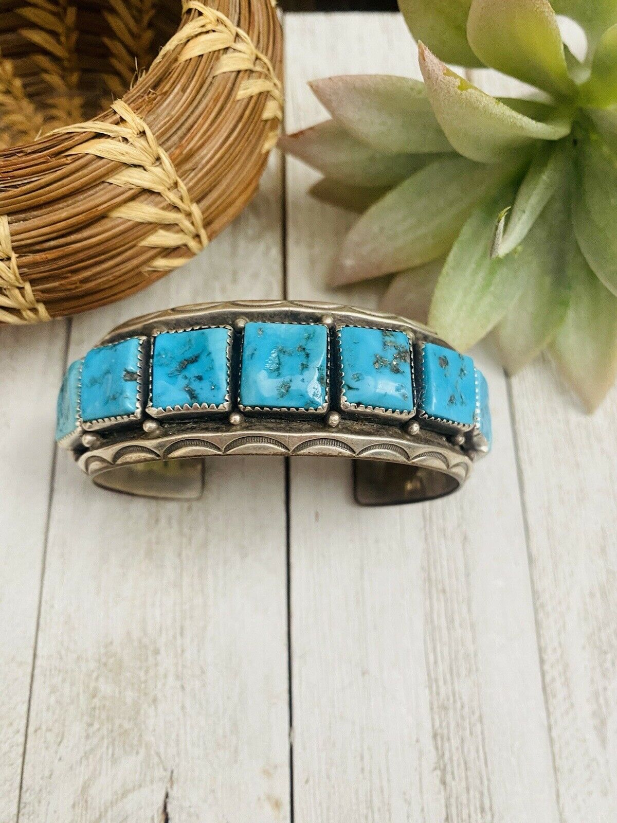 Navajo Old Pawn Vintage Kingman Turquoise Sterling Silver Cuff Brace