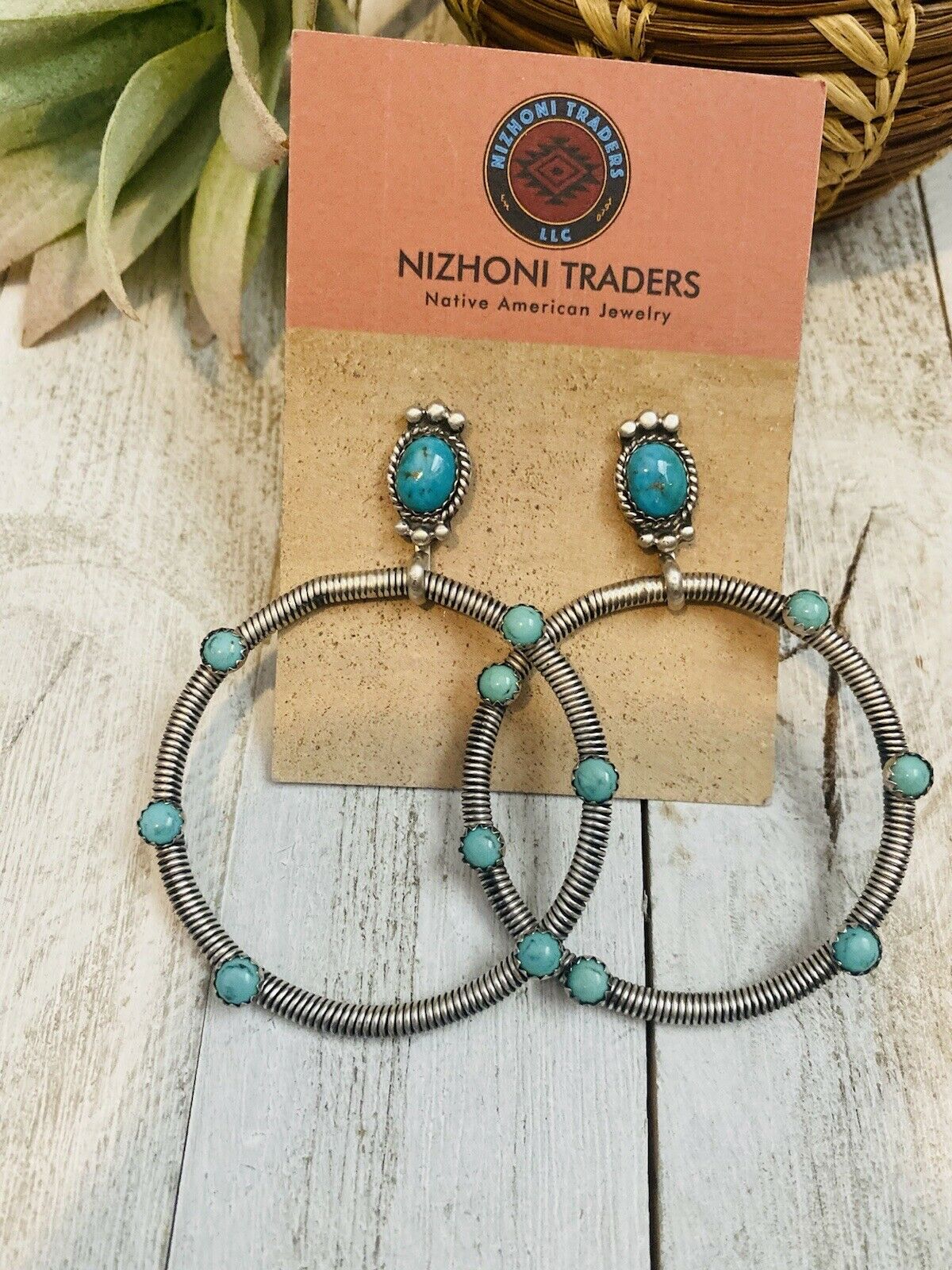 Navajo Turquoise & Sterling Silver Dangle Hoop Earrings