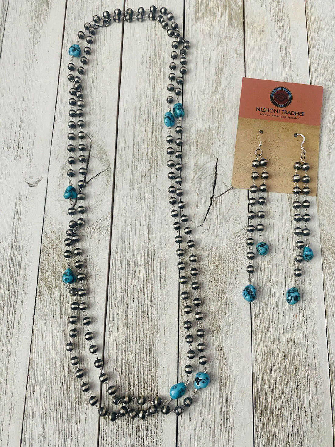 Handcrafted Kingman Turquoise & Sterling Silver Pearl Beaded Necklace Set