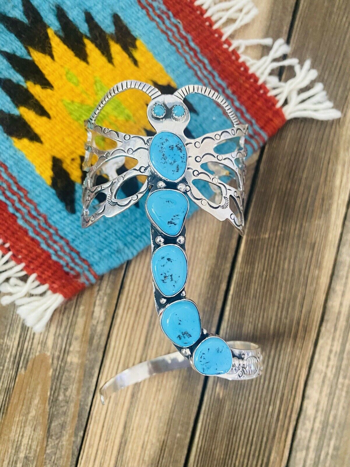 Navajo Sterling Silver & Kingman Turquoise Dragonfly Cuff By Russell Sam