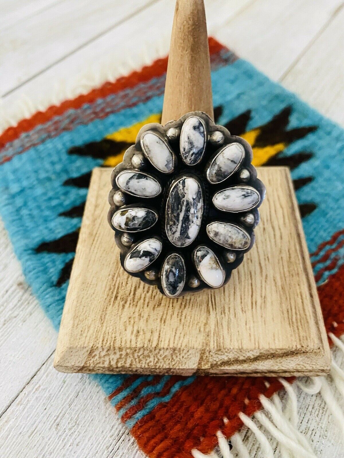 Navajo Sterling Silver And White Buffalo Cluster Ring Size 10