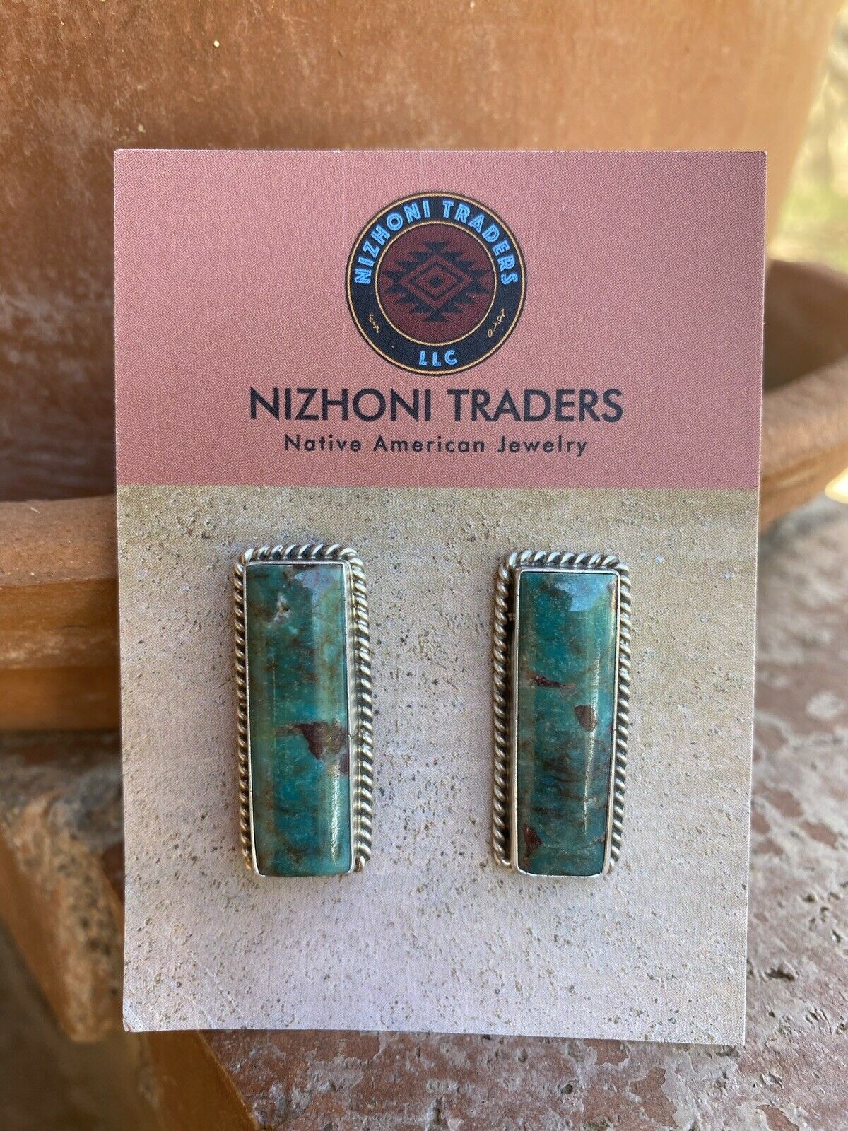 Navajo Sterling & Turquoise Rectangle Post Earrings Signed J. Frank