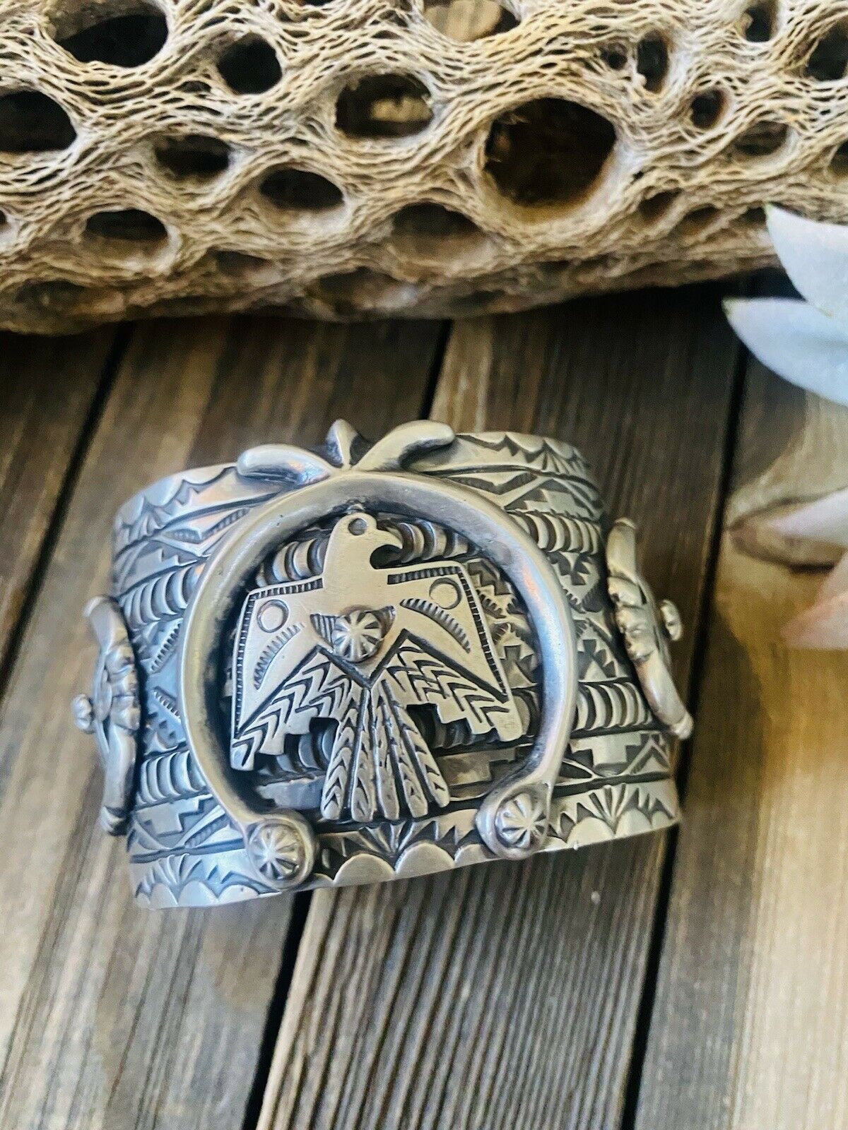 Navajo Hand Stamped Sterling Silver Thunderbird Cuff Made By Rick Enriquez