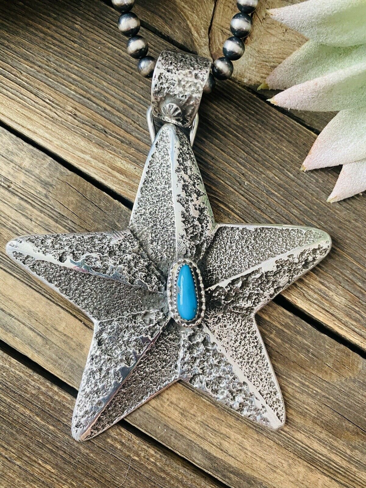 Navajo Turquoise & Sterling Silver Tufa Cast Star Pendant